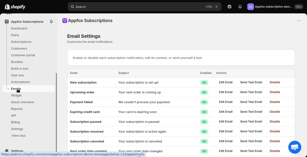 Email settings page showing 14 notification types