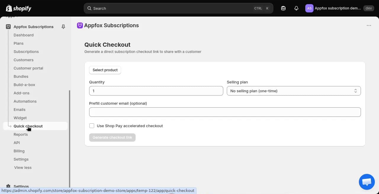 Quick checkout form with product, quantity, and plan selection
