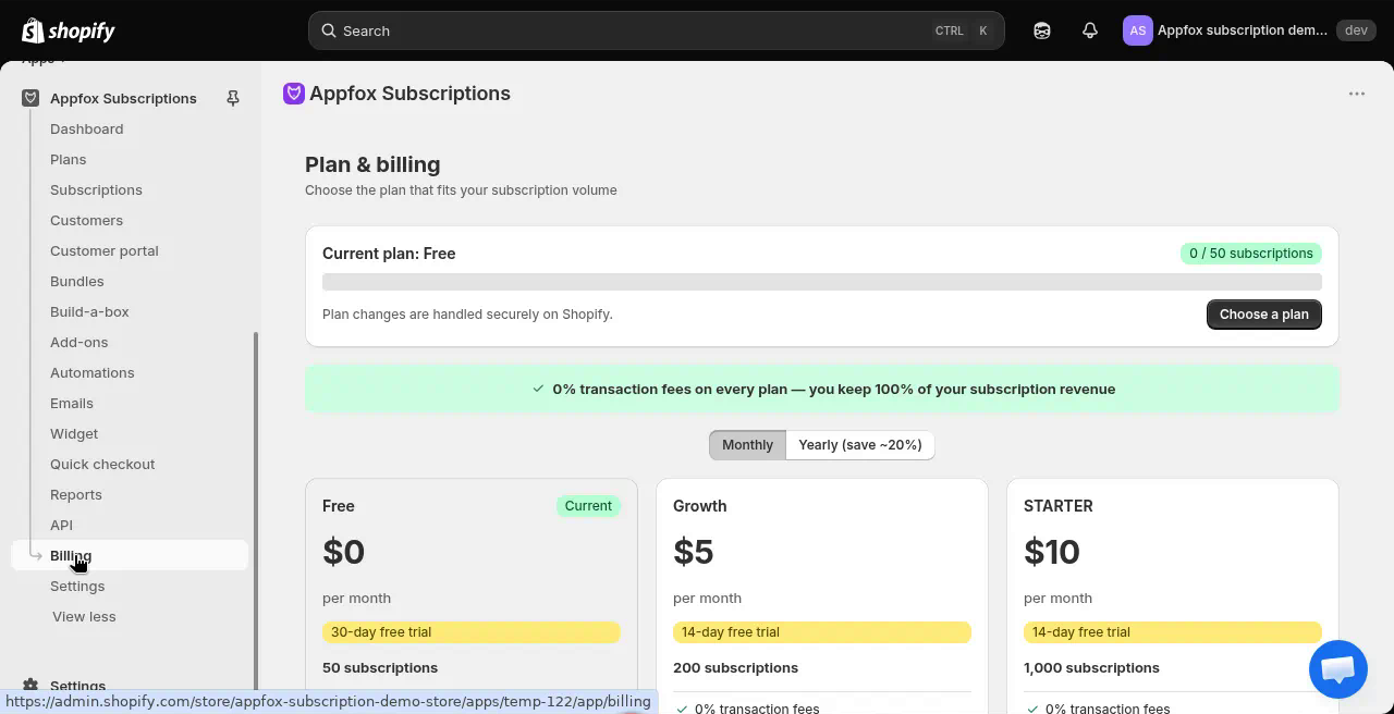 Plan & billing page showing pricing tiers