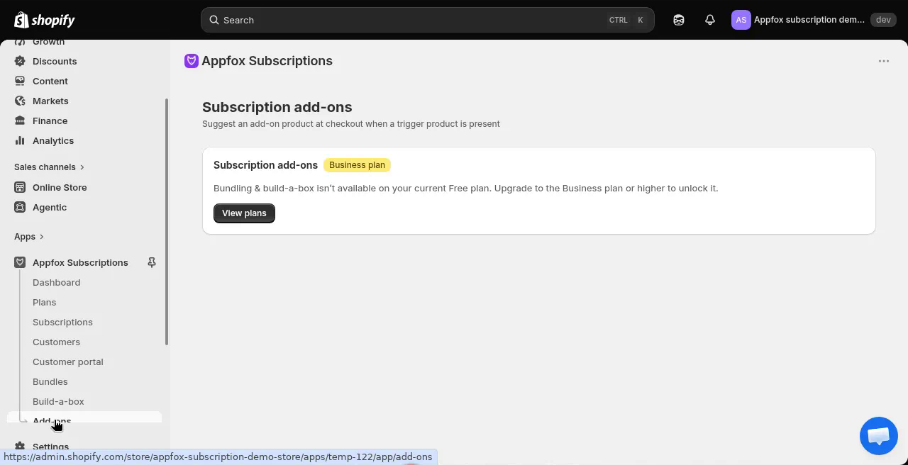 Add-ons page showing Business plan requirement