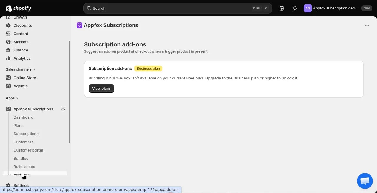 Add-ons page showing Business plan requirement