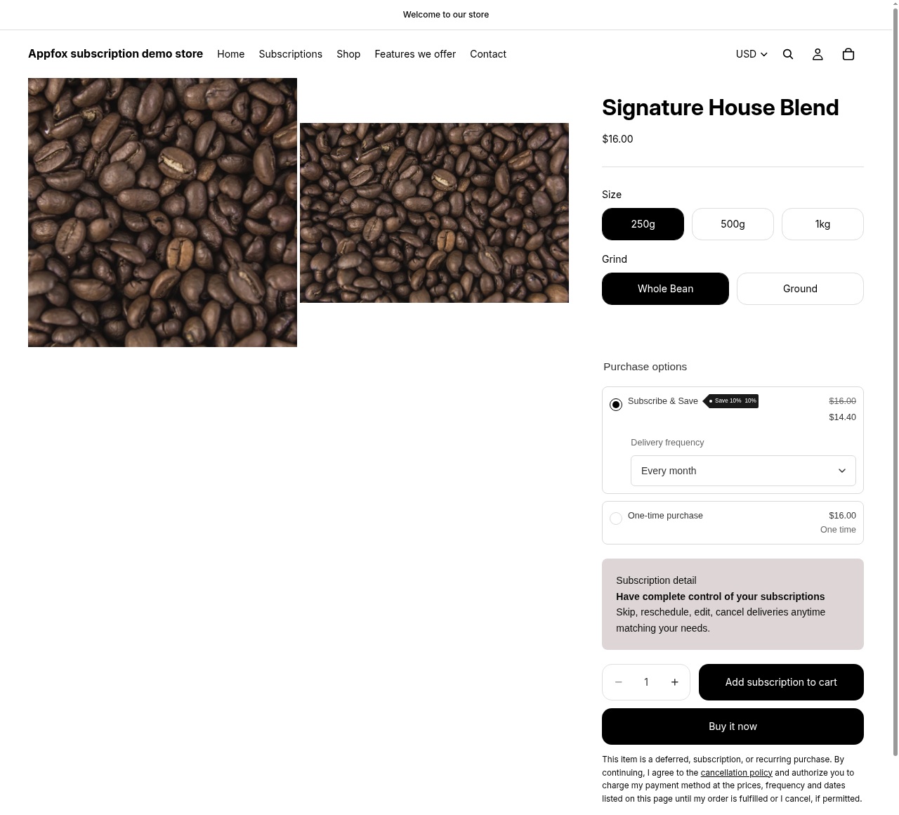 Product page showing Subscribe & Save option with 10% discount