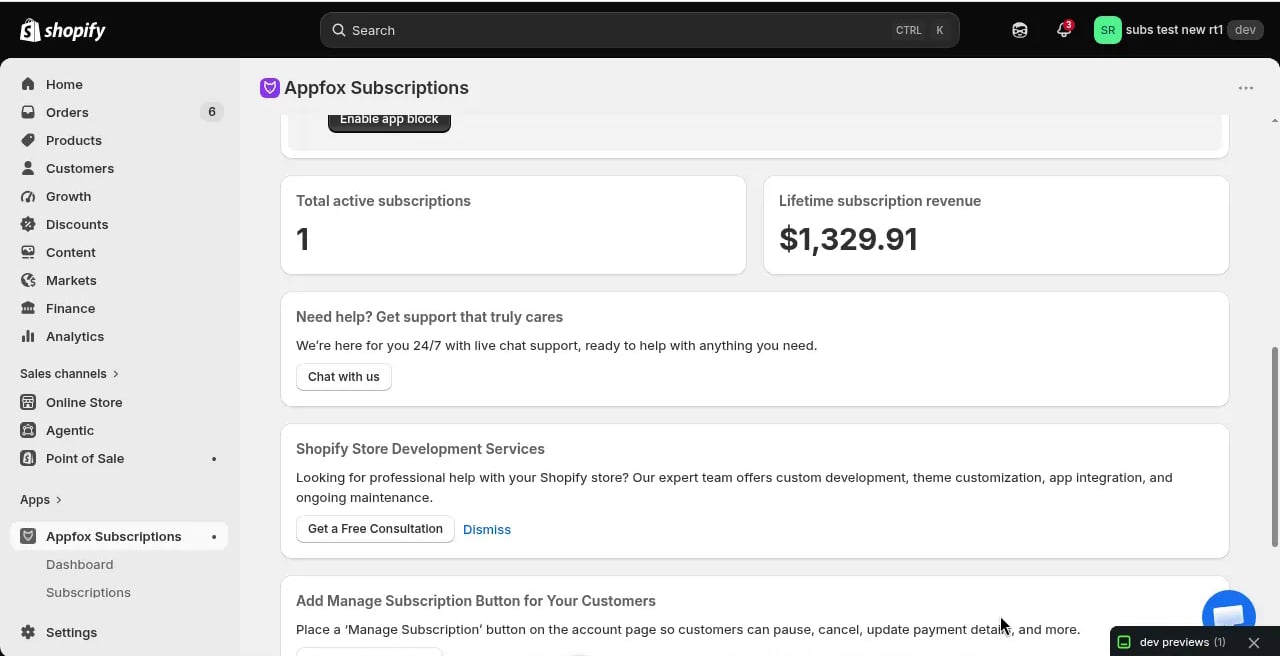 Appfox Subscriptions home page showing subscription metrics and setup options