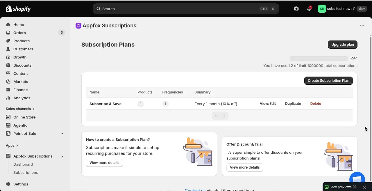 Subscription plans list showing five active plans