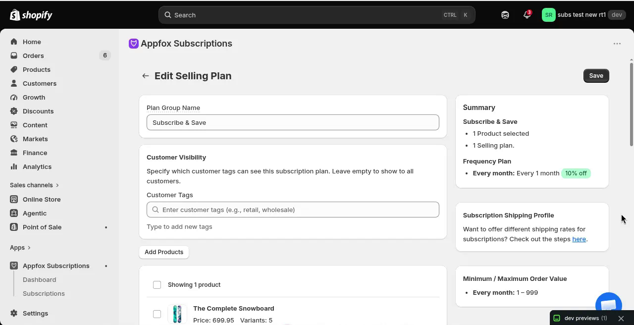 Edit selling plan screen for Loyalty Tiers plan