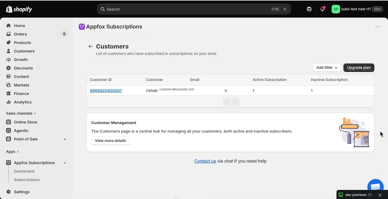 Customers page showing subscriber list with active and inactive subscriptions