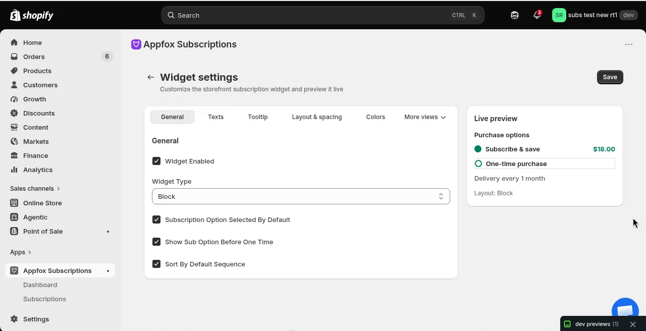 Widget settings page with General tab and live preview