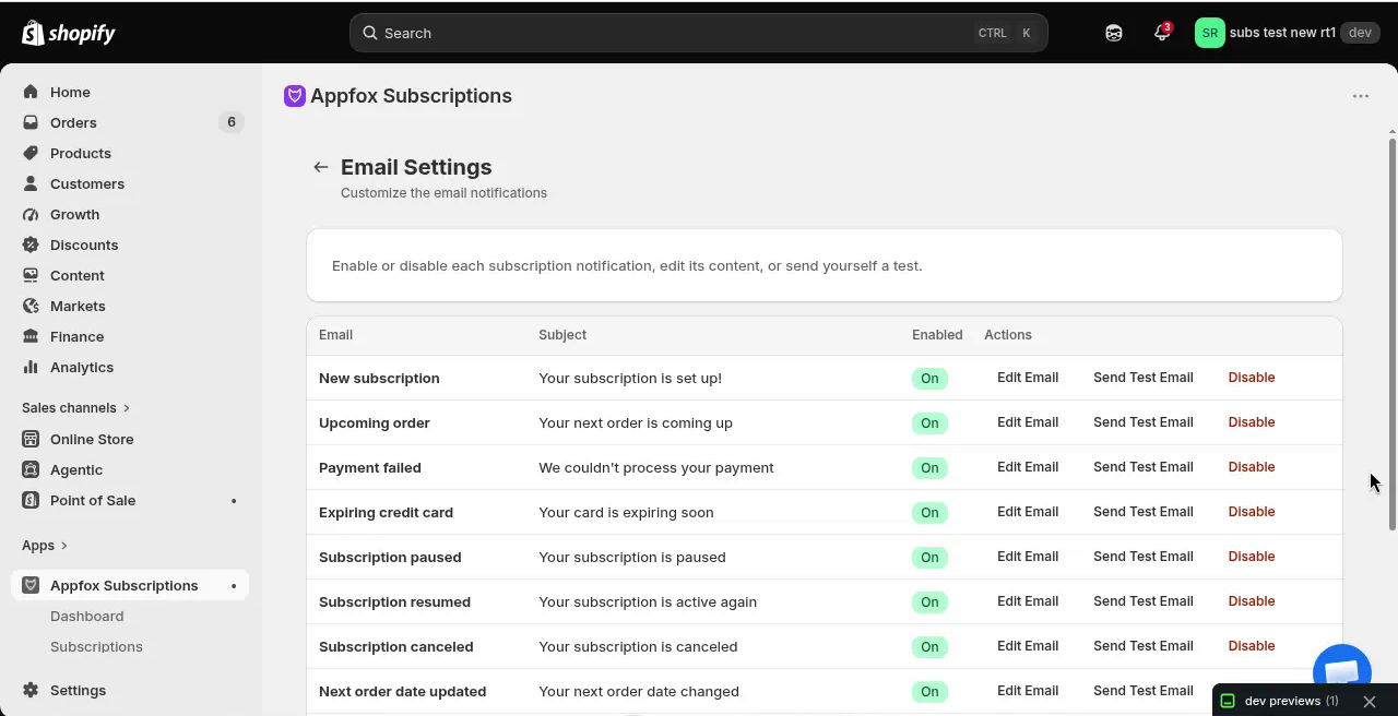 Email settings page showing 14 notification types