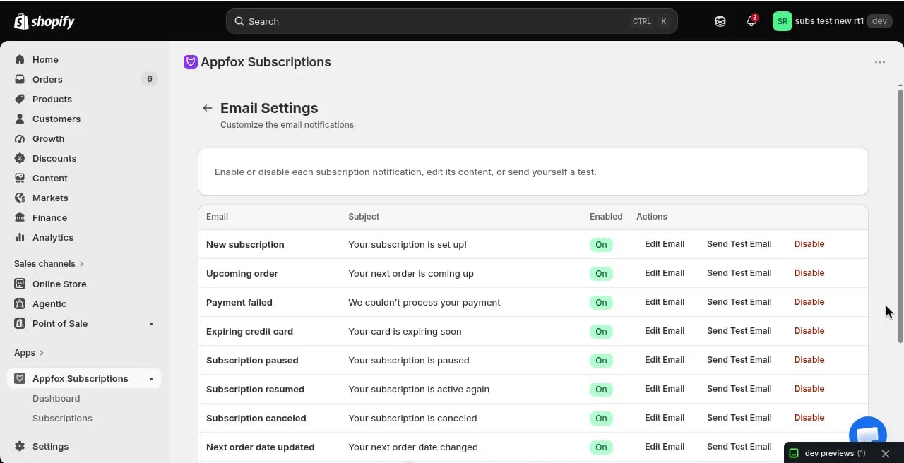 Email settings page showing 14 notification types