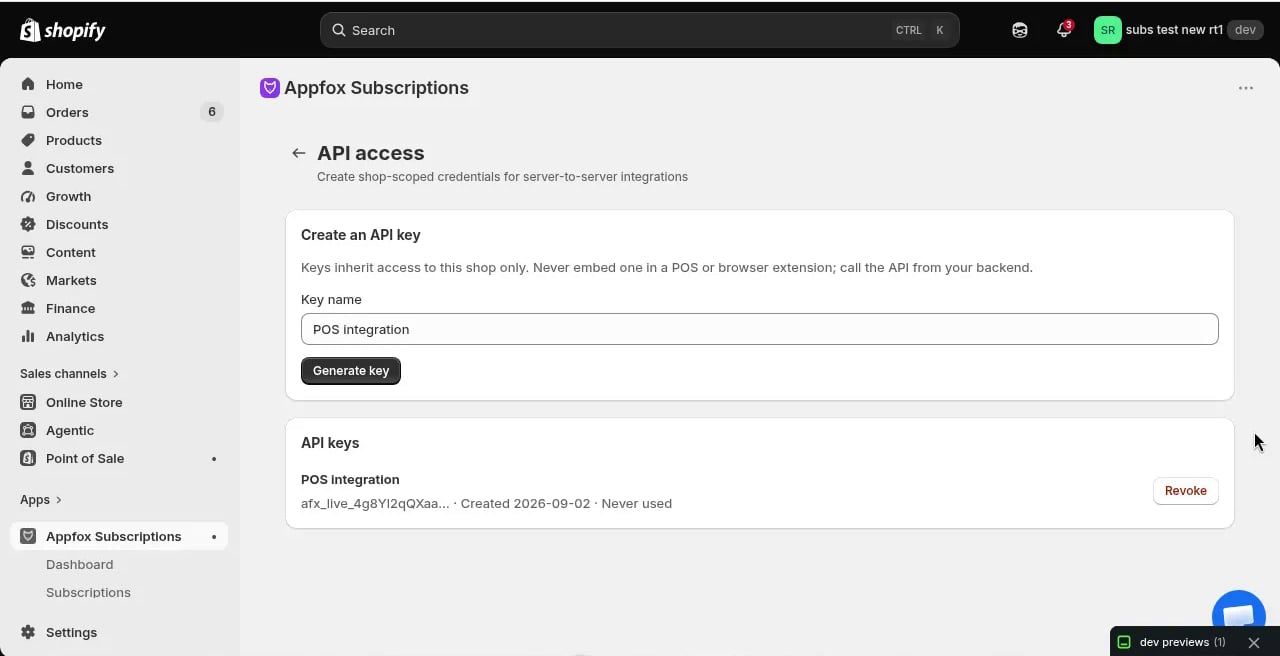 API access page showing key generation interface and existing API keys