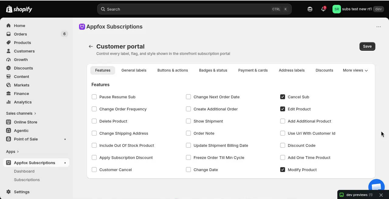 Customer portal settings showing Features tab