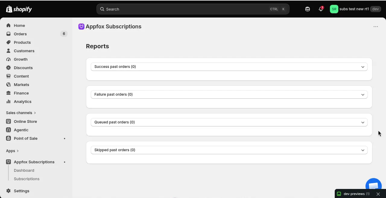Reports page showing expandable sections for order statuses