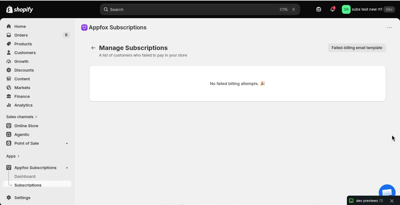 Failed payments page showing billing failures and retry actions