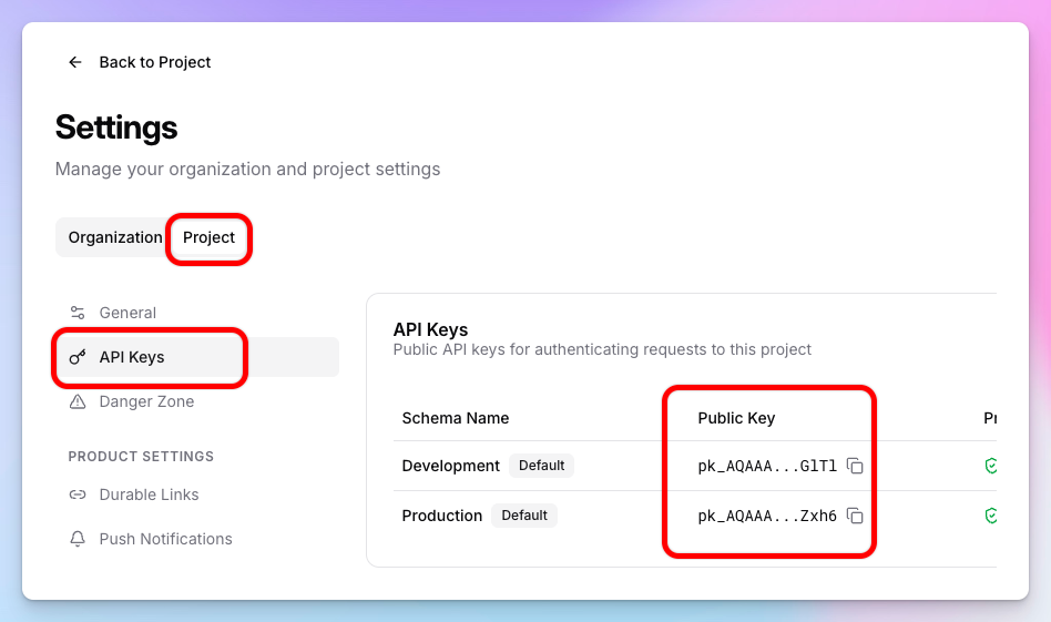 API Keys in dashboard