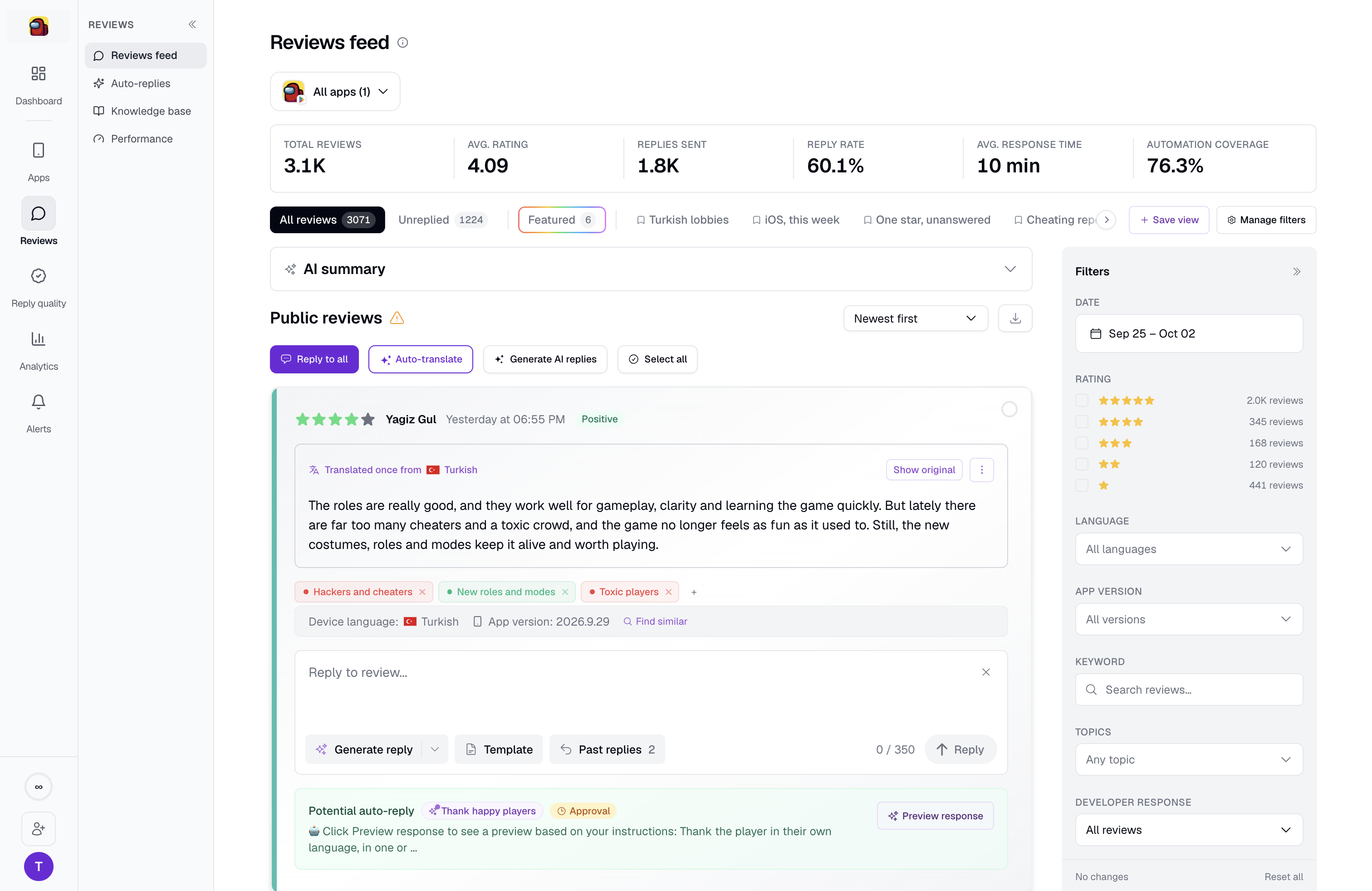 Reviews feed over a 30-day window, with saved views as tabs, the filter rail, and the reply composer
