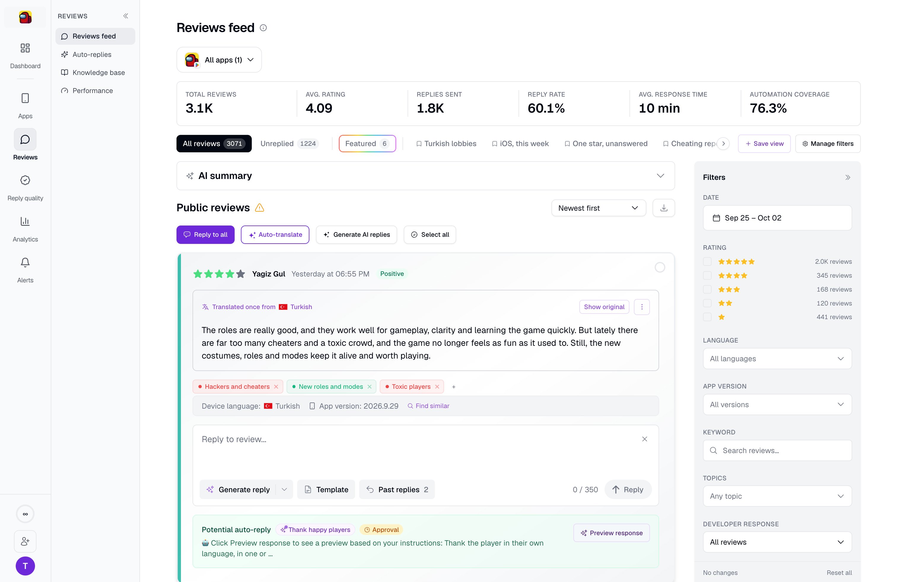 Reviews feed over a 30-day window, with saved views as tabs, the filter rail, and the reply composer