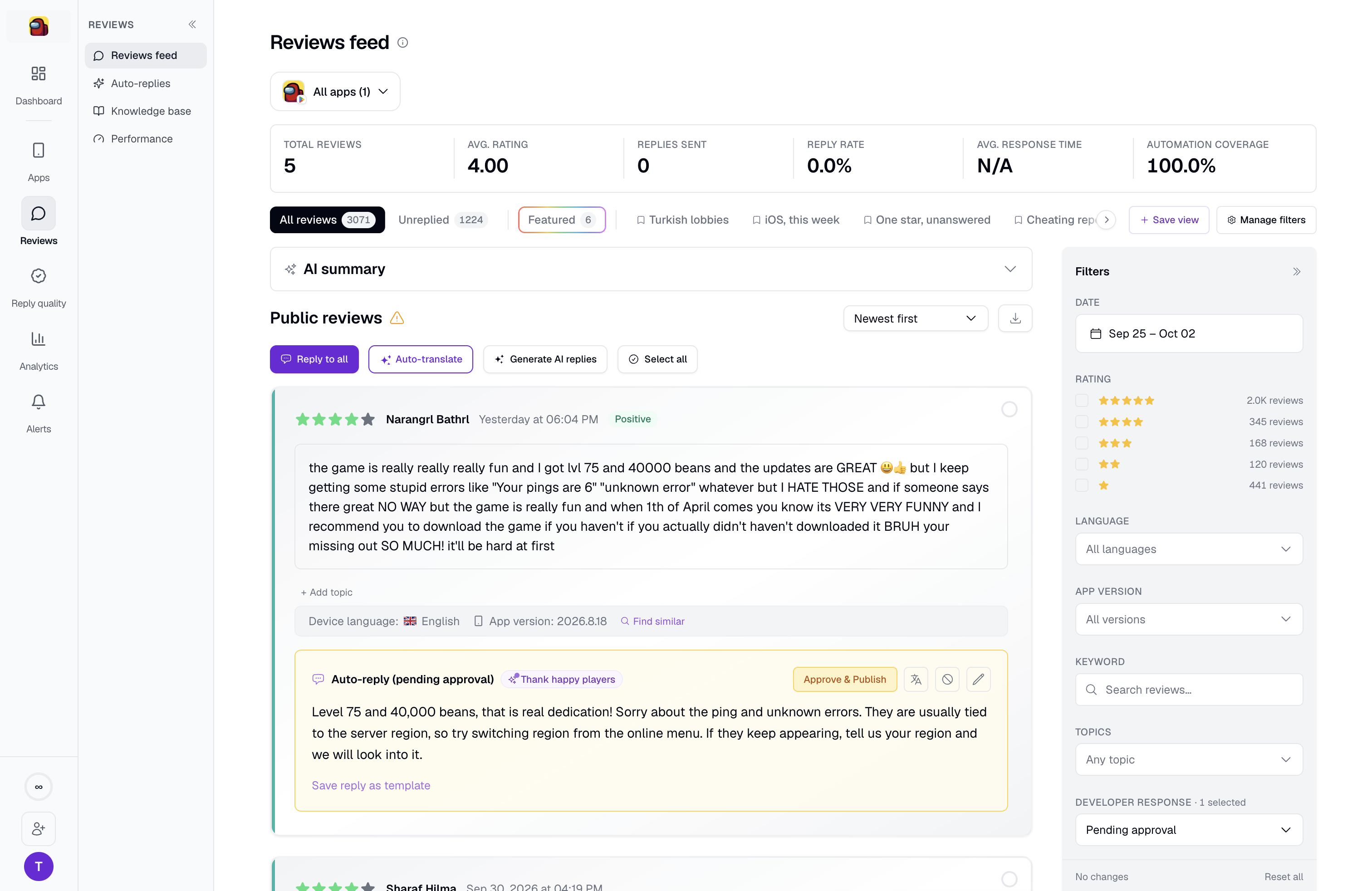 A pending-approval auto-reply drafted in English, with Approve & Publish and edit controls above it