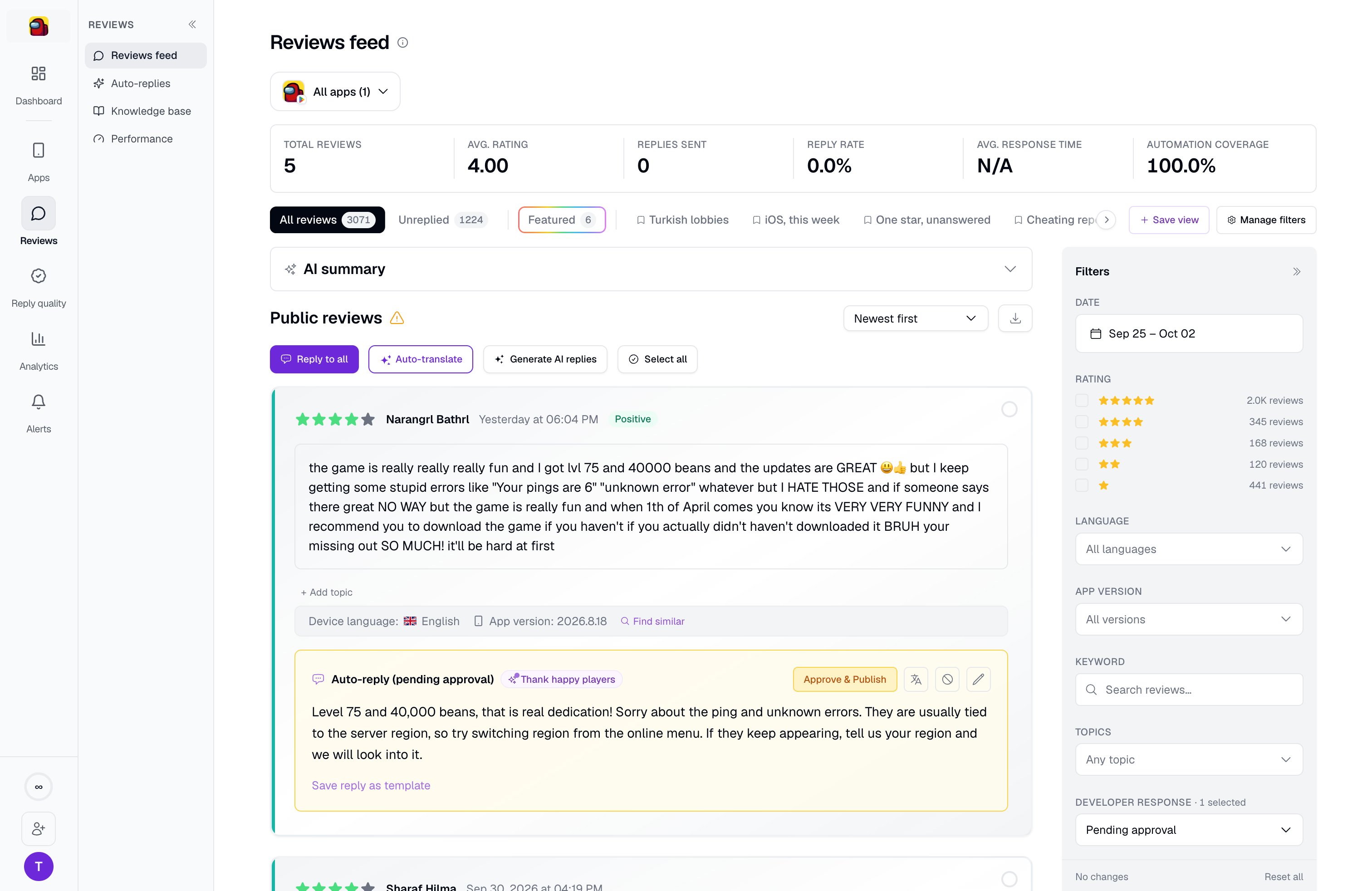 A pending-approval auto-reply drafted in English, with Approve & Publish and edit controls above it