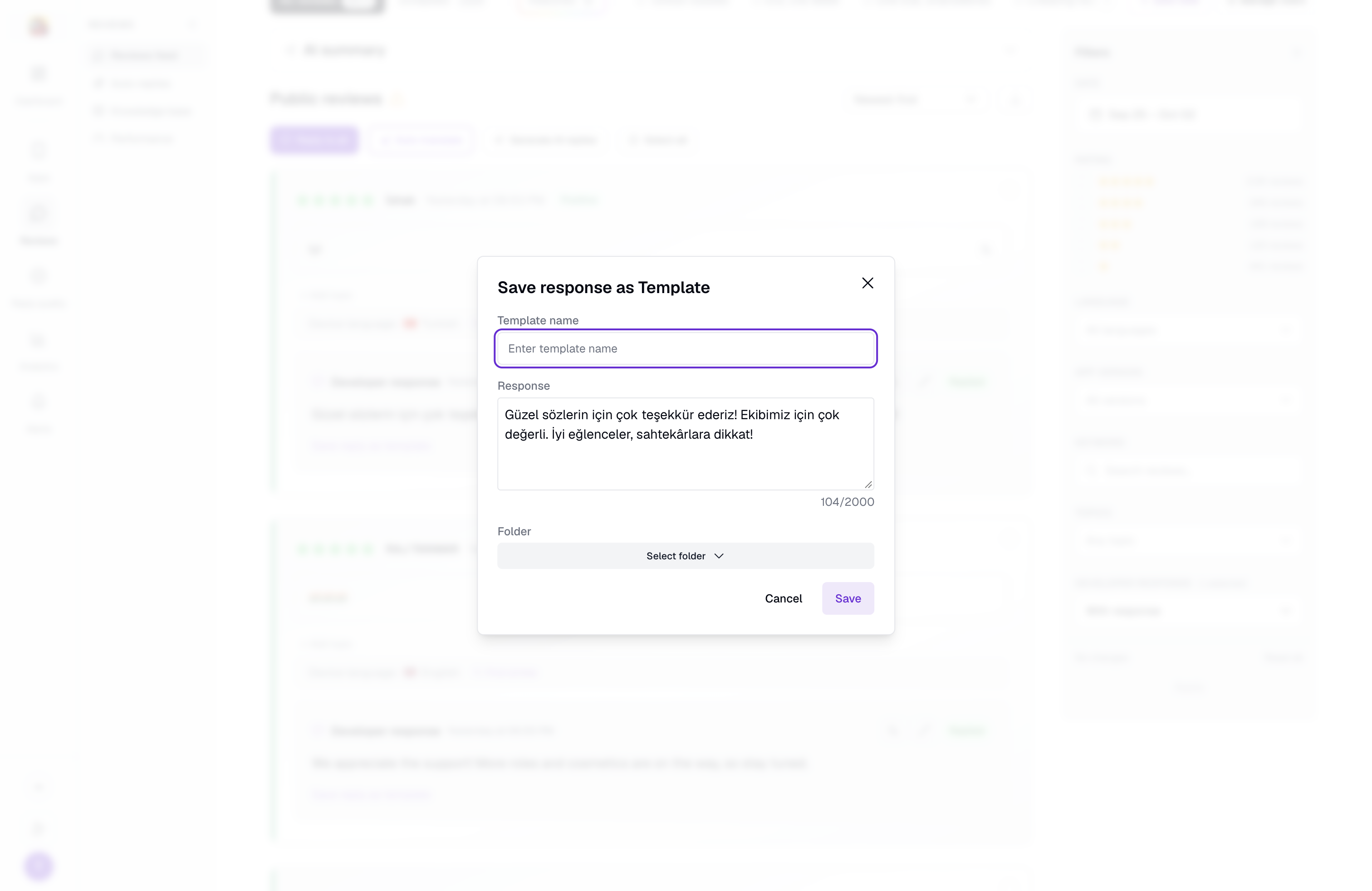 The Save response as Template dialog, pre-filled with the sent reply and a folder picker