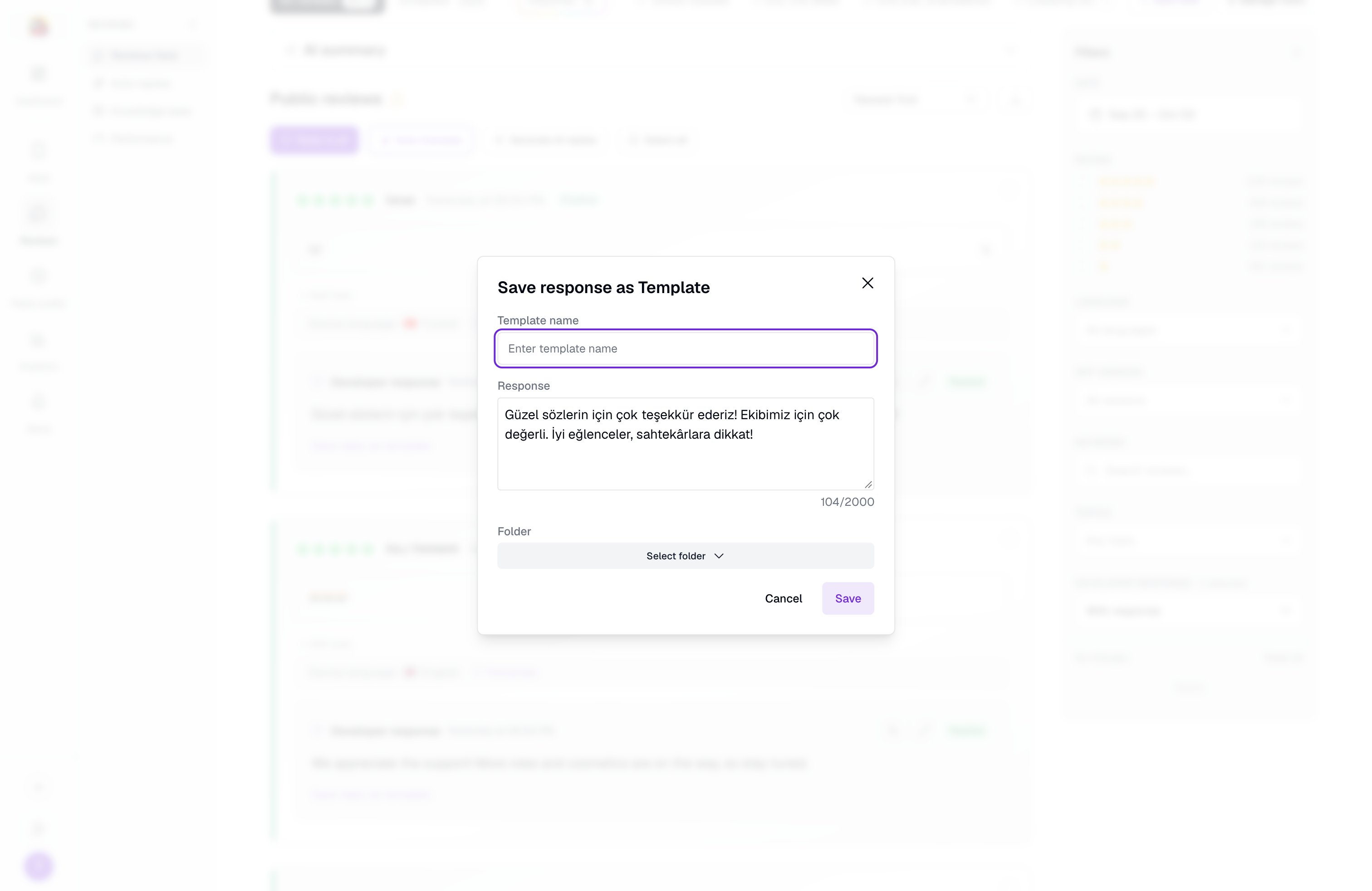 The Save response as Template dialog, pre-filled with the sent reply and a folder picker
