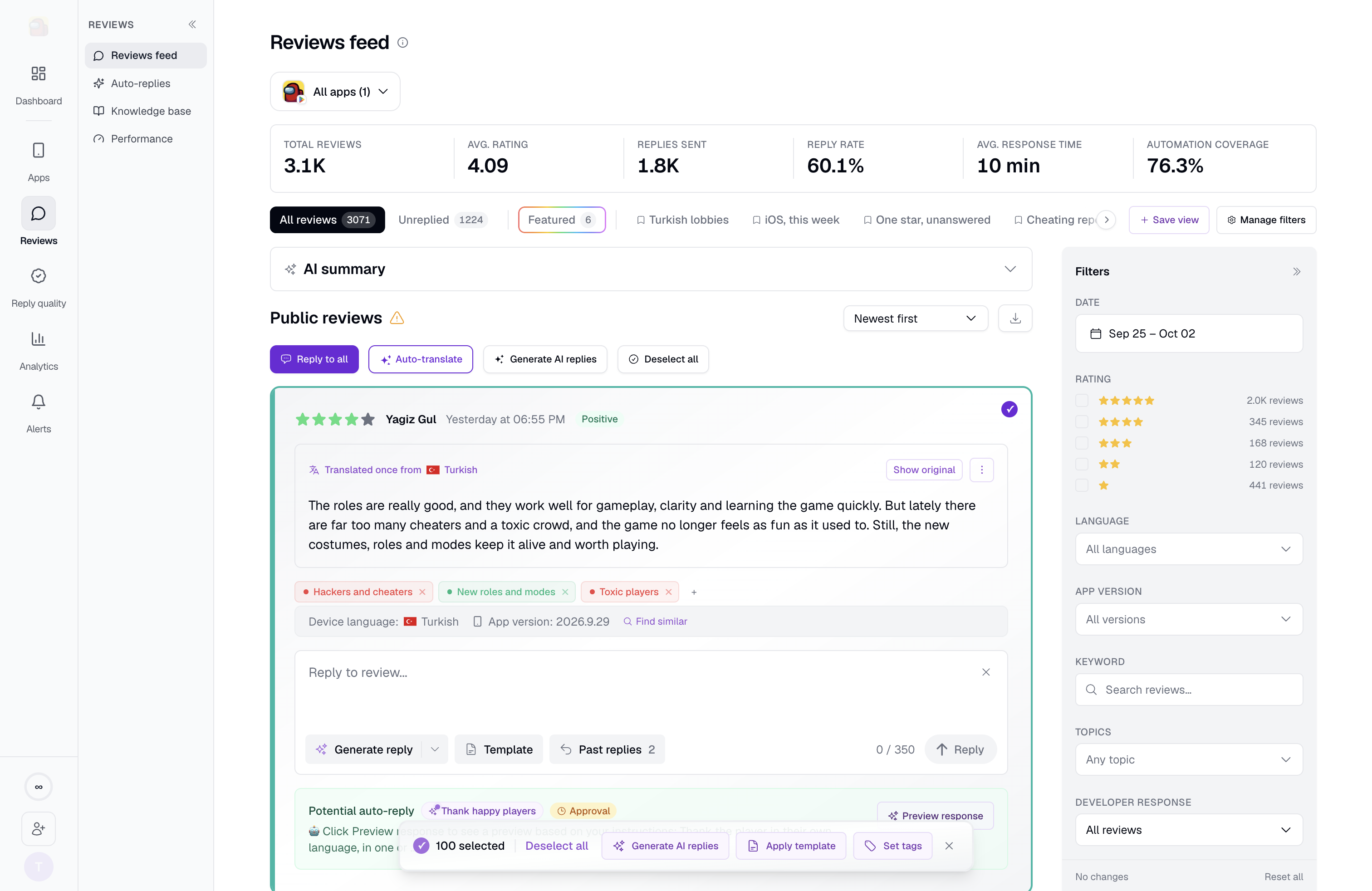 The bulk actions bar showing 100 selected reviews with Generate AI replies, Apply template, and Set tags controls