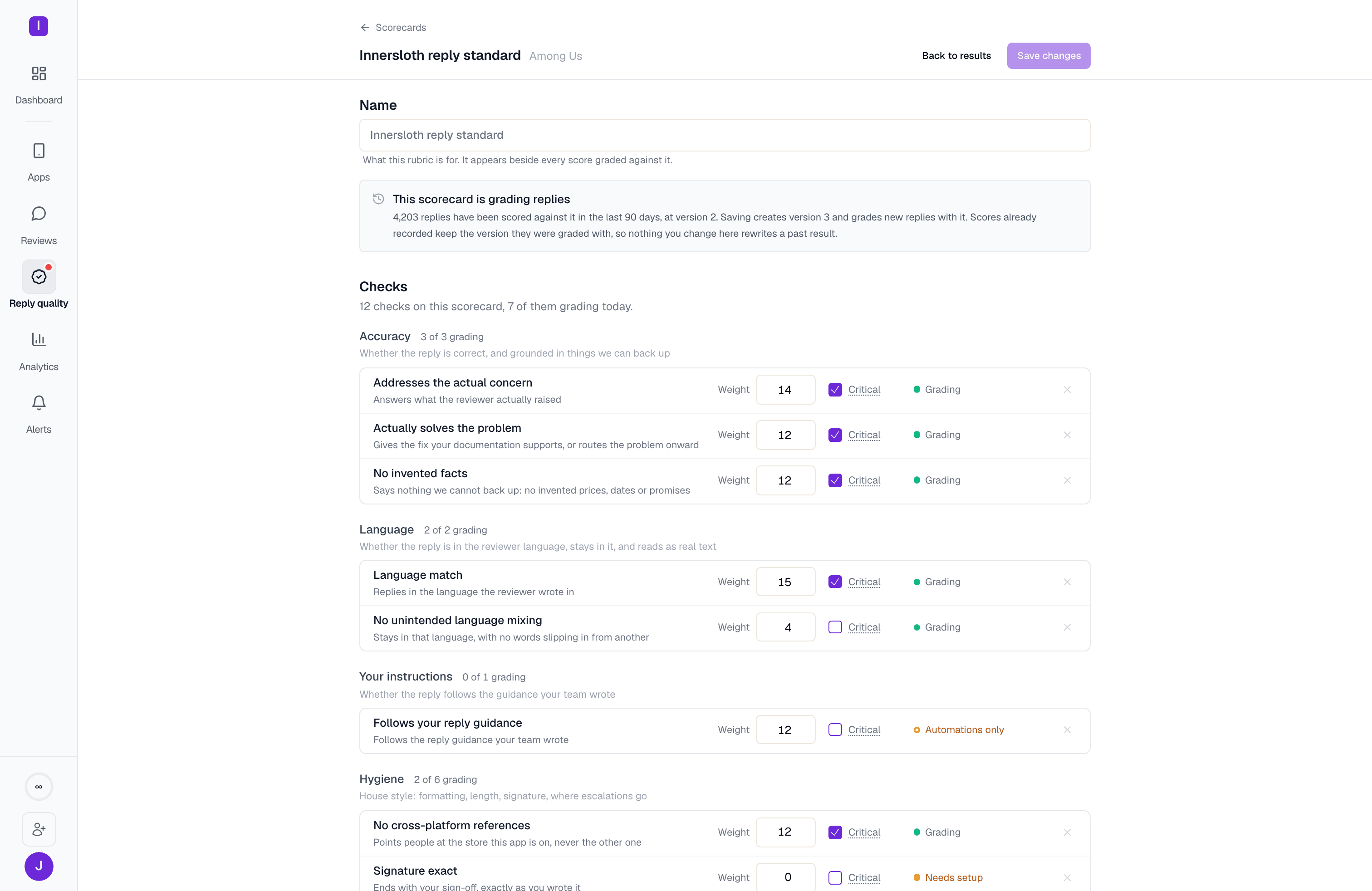 The scorecard editor: checks grouped by concern, each row showing its weight, critical flag, and grading state