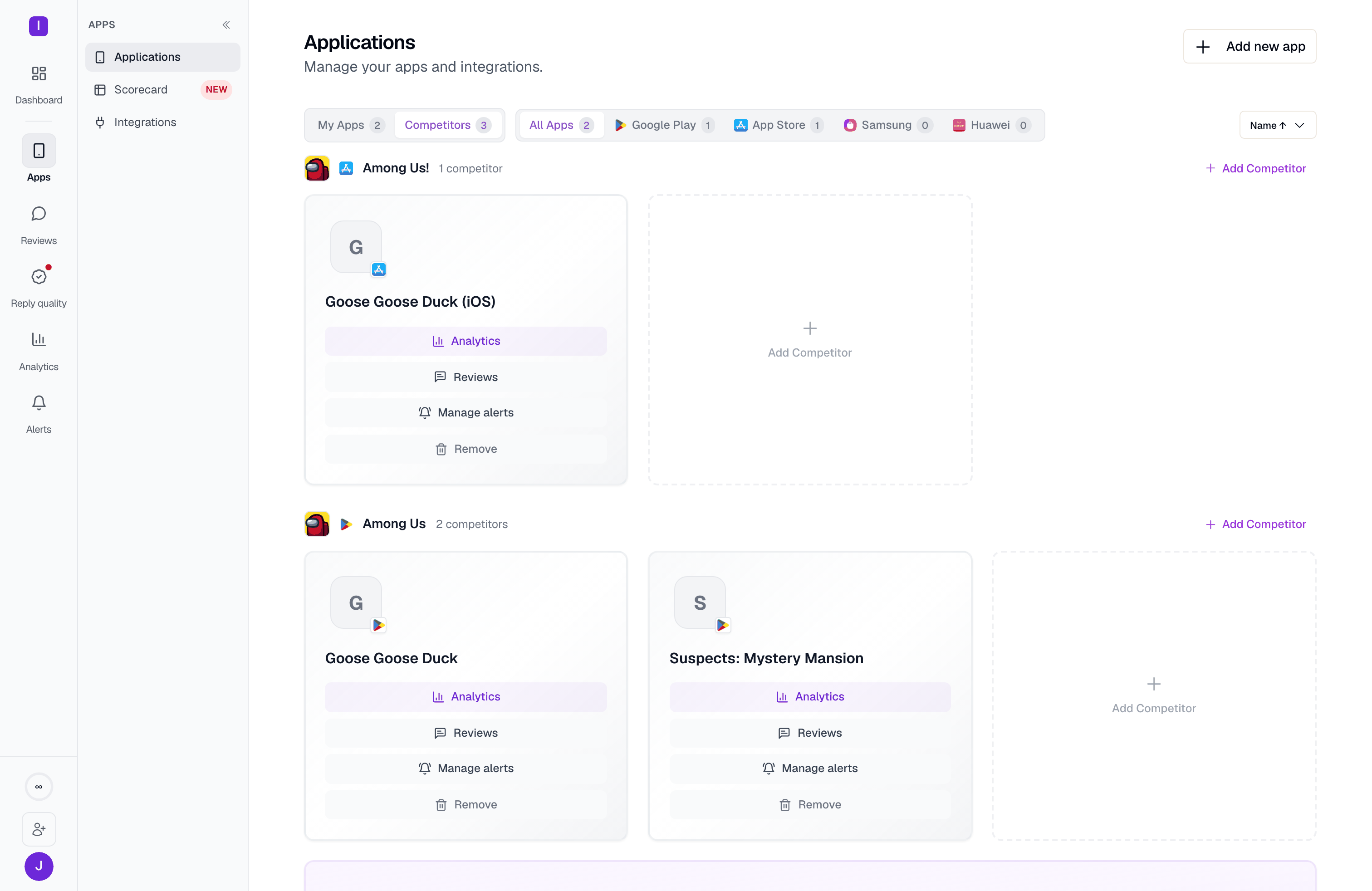 The Competitors tab: three tracked competitor games alongside the owned listings, each with its own analytics and alerts