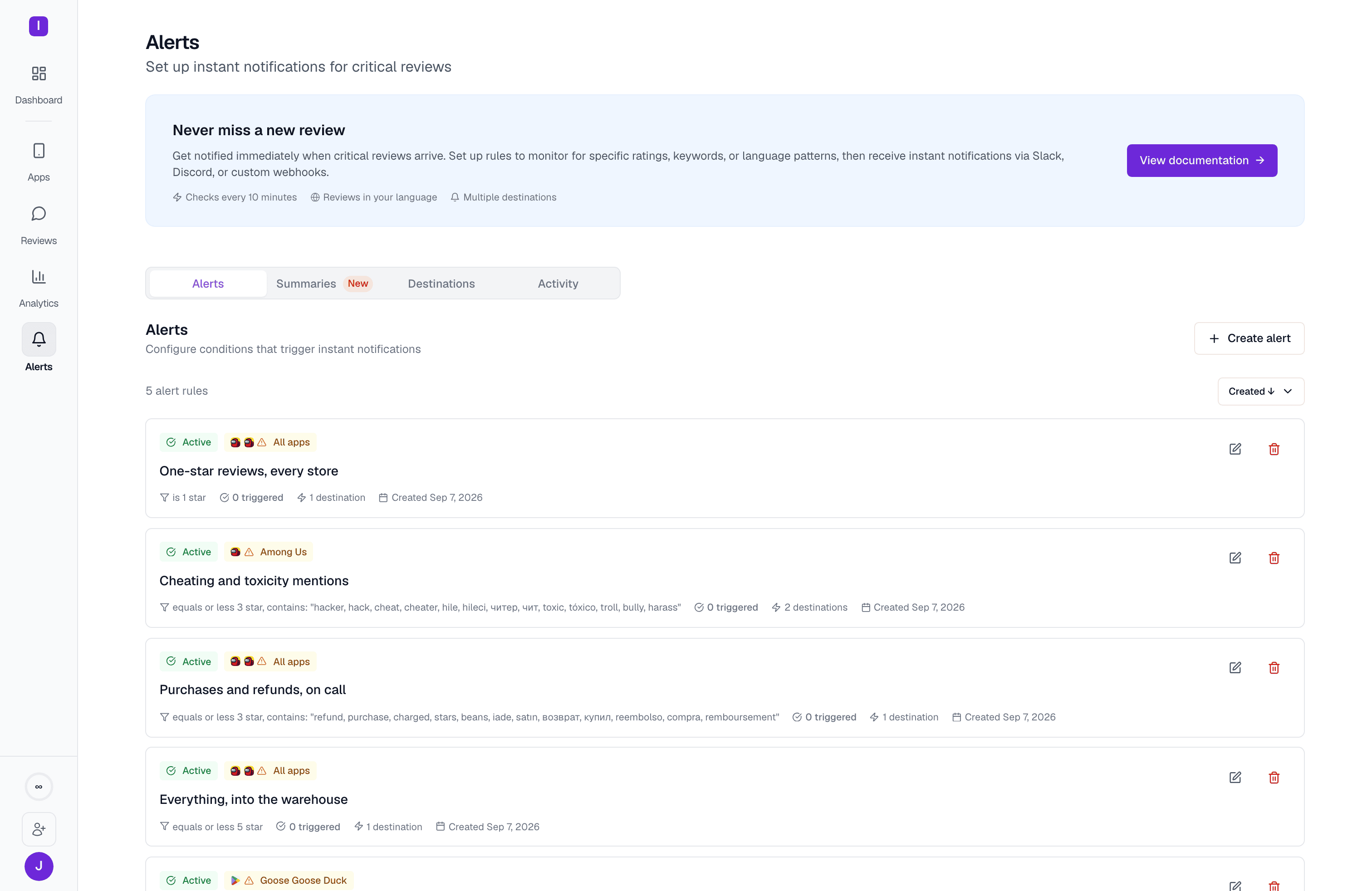Alert rules routing matching reviews to a destination