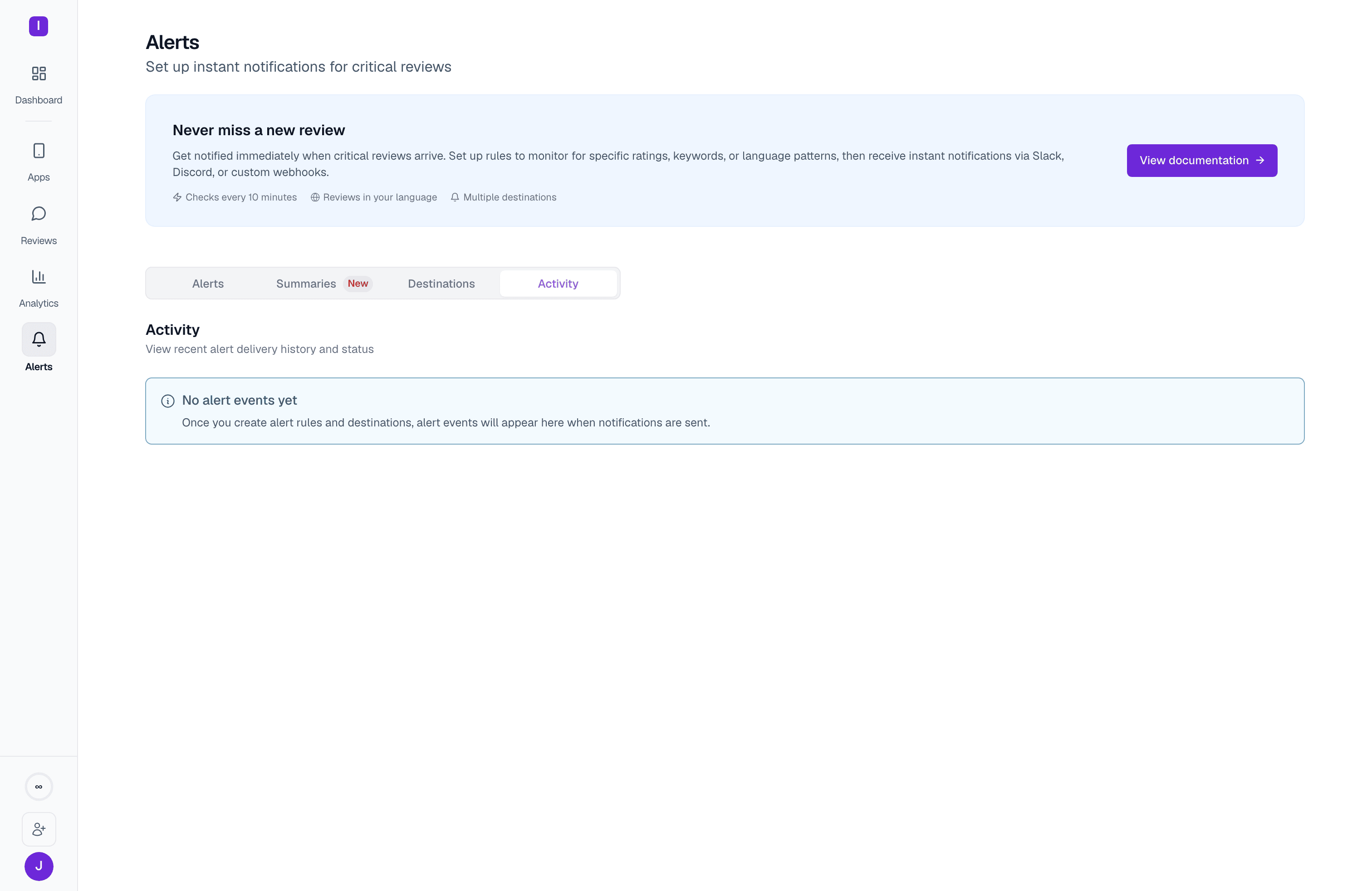The Activity page: a log of alert events