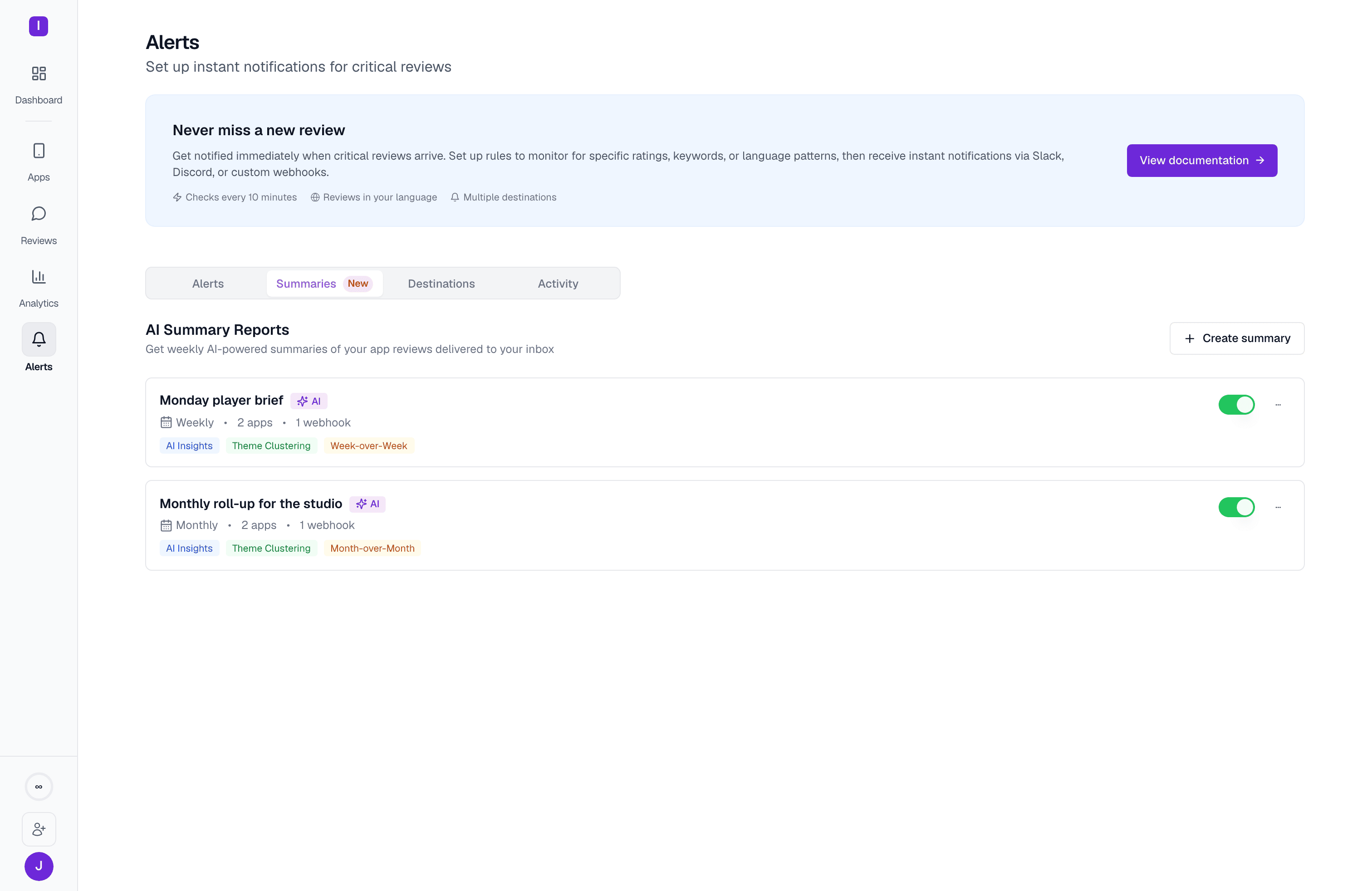 The summary reports list