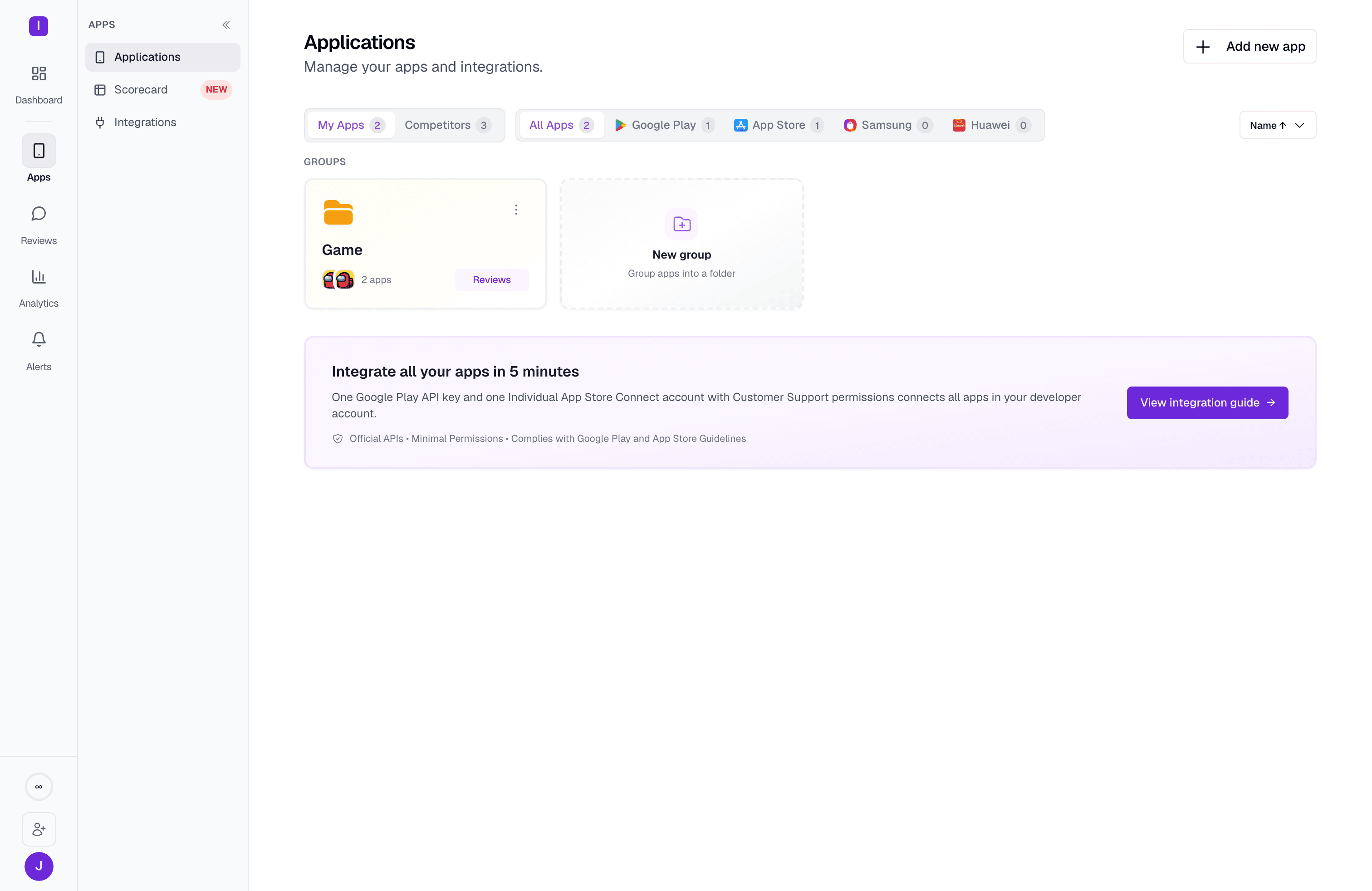 Applications list showing owned apps and tracked competitor apps