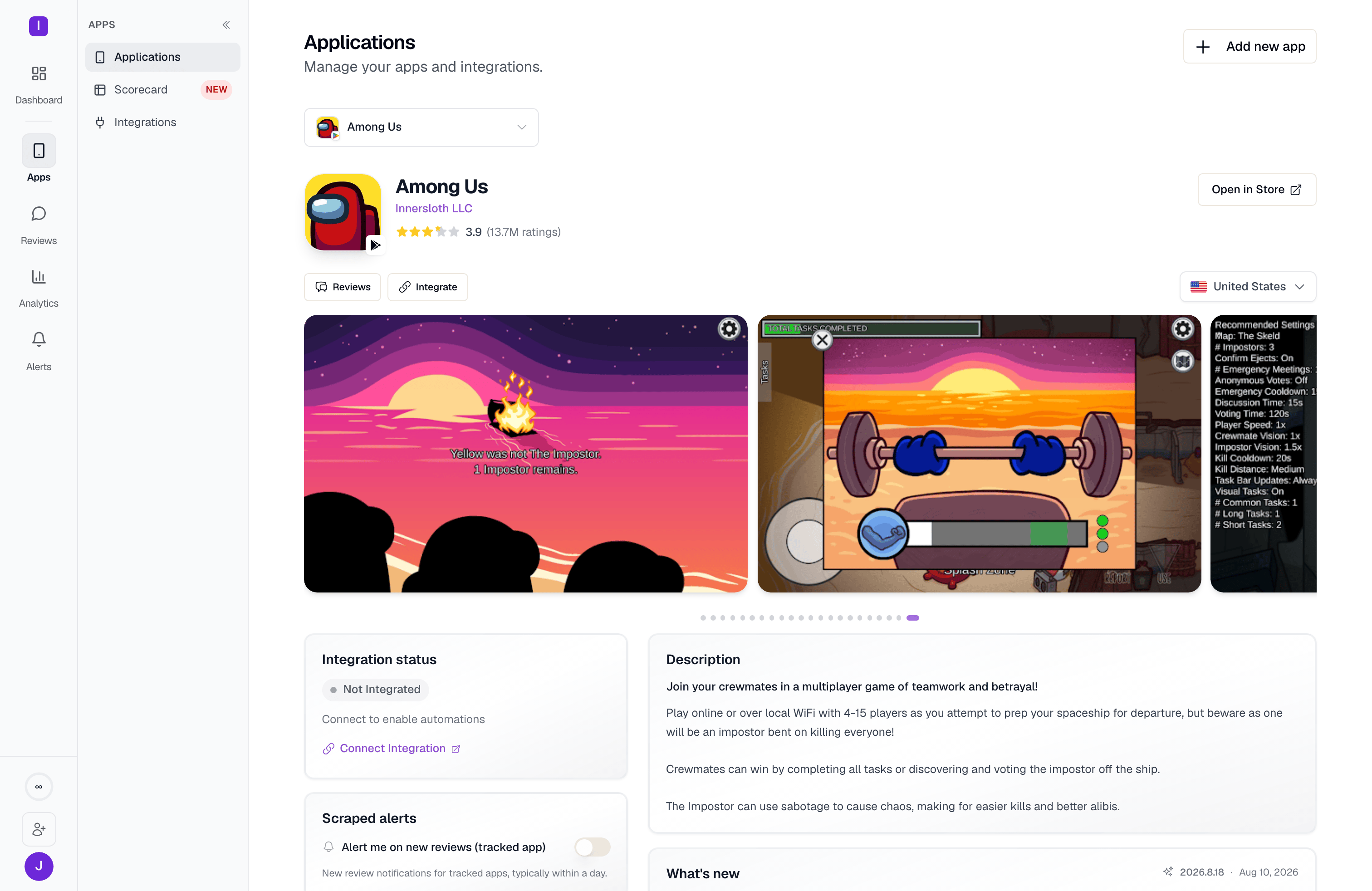 Among Us on Google Play: app icon, rating, quick actions, a country selector, and a screenshot carousel pulled from the store listing