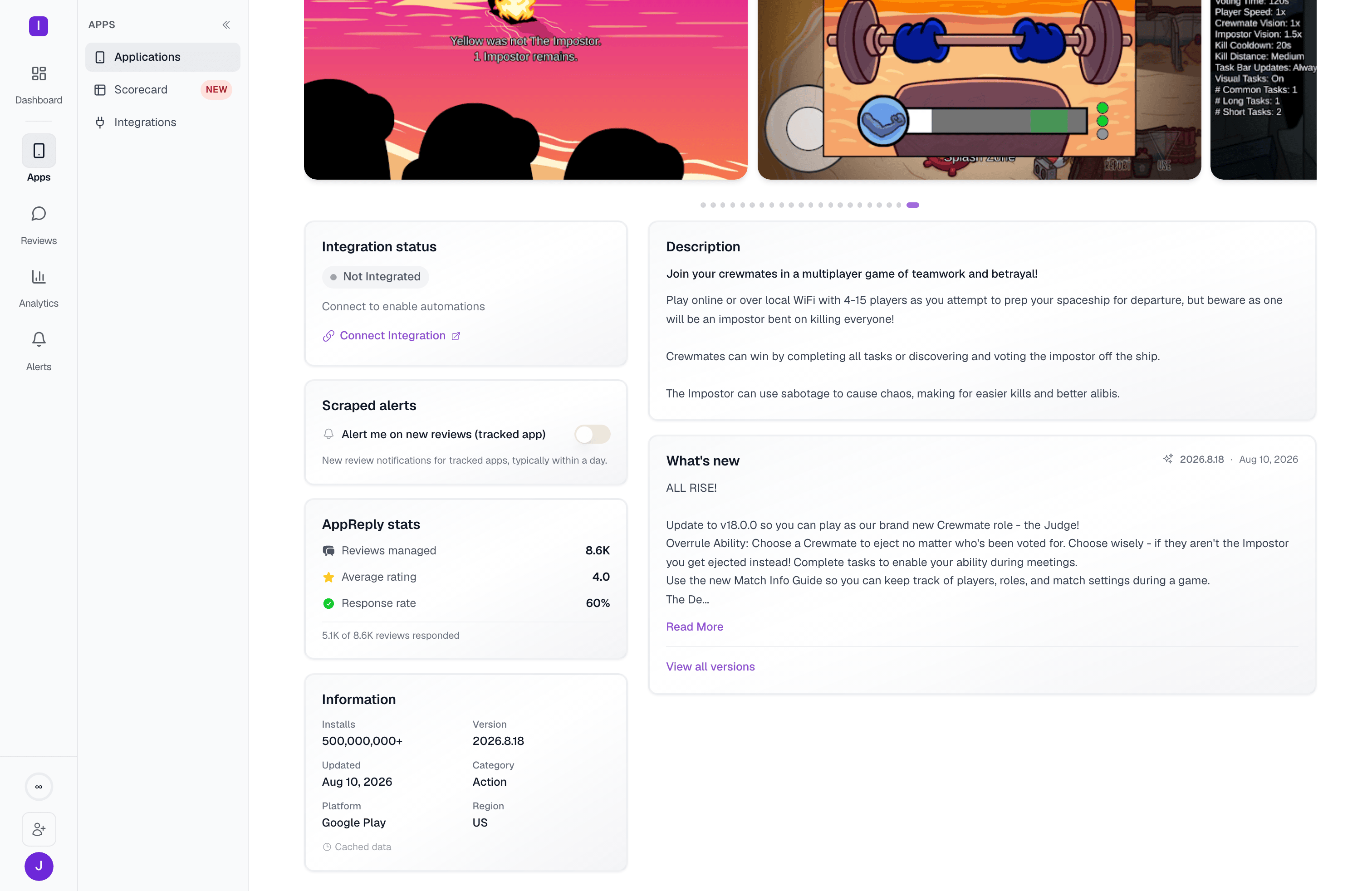 Integration status, scraped-alert settings, AppReply stats (reviews managed, average rating, response rate), and the stored app metadata