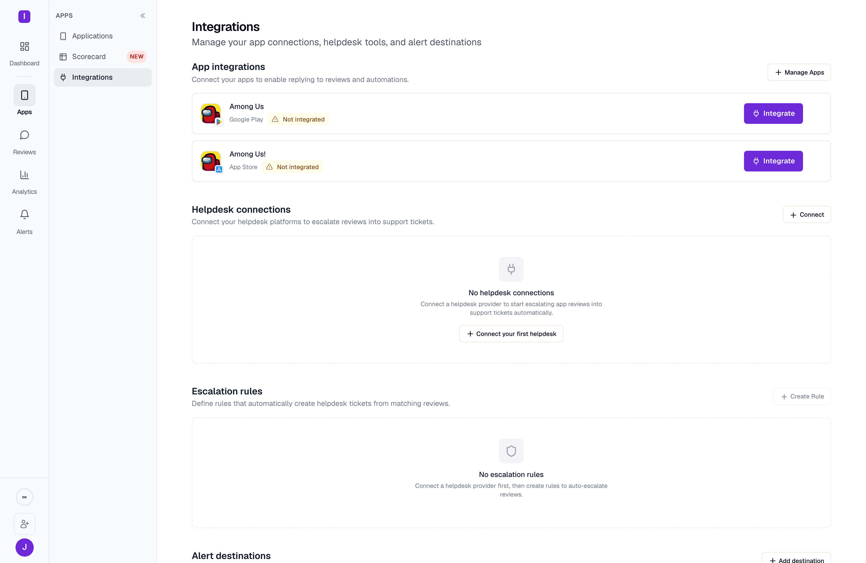 The Integrations page: App integrations, Helpdesk connections, and Escalation rules sections, each in an empty state