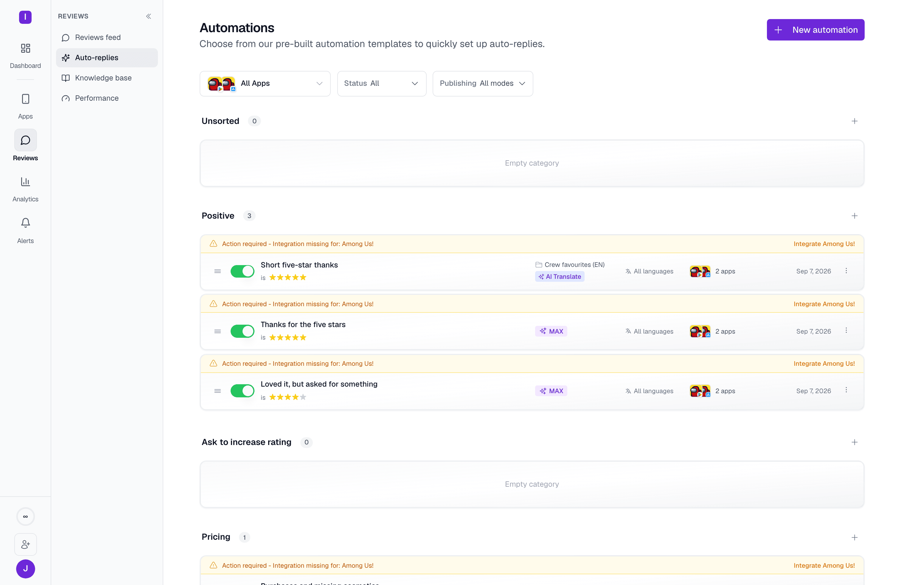 Automations list: reply rules grouped by category, each with its publishing mode