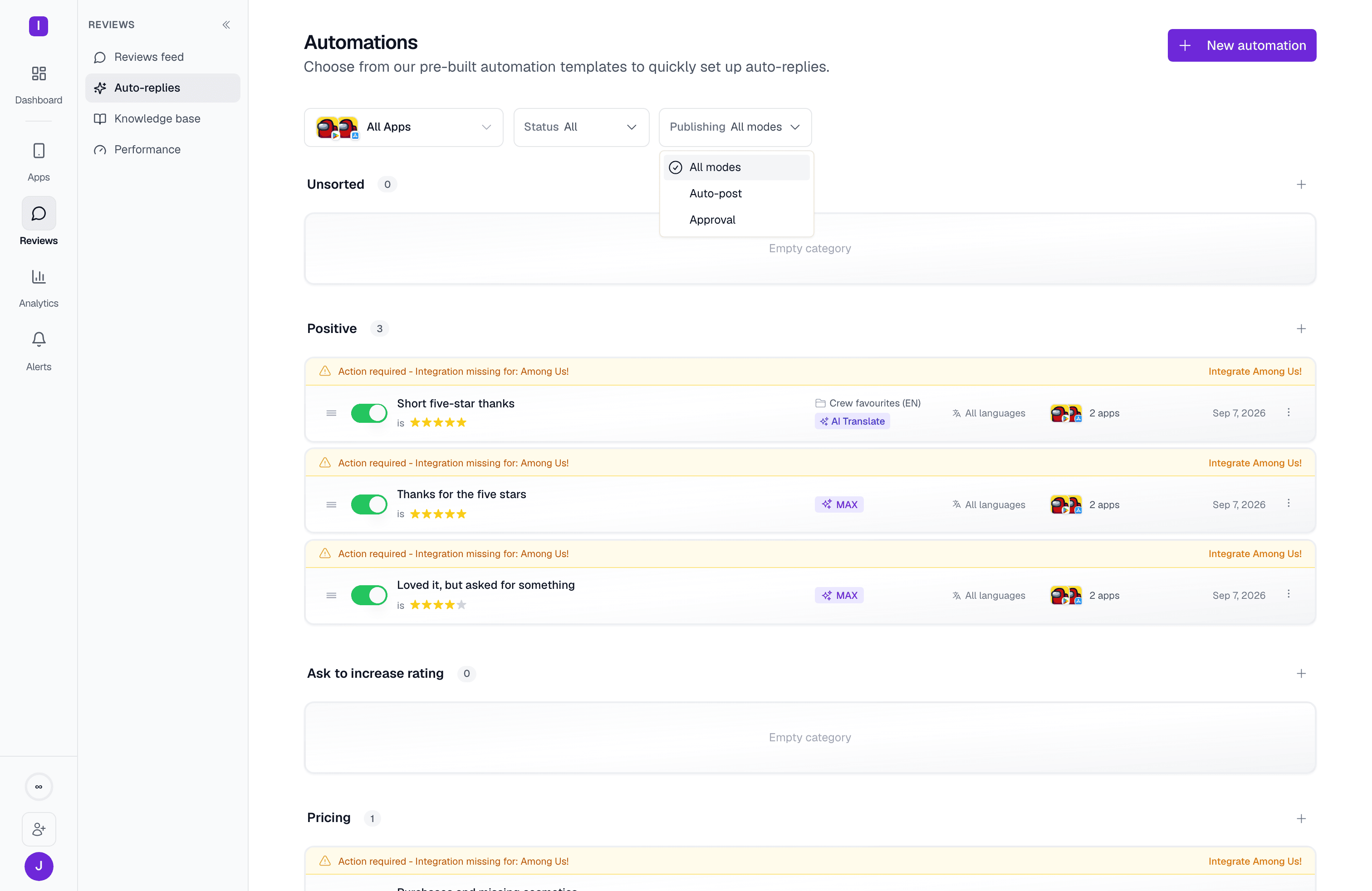 The Automations list with the Publishing filter open, showing All modes, Auto-post, and Approval