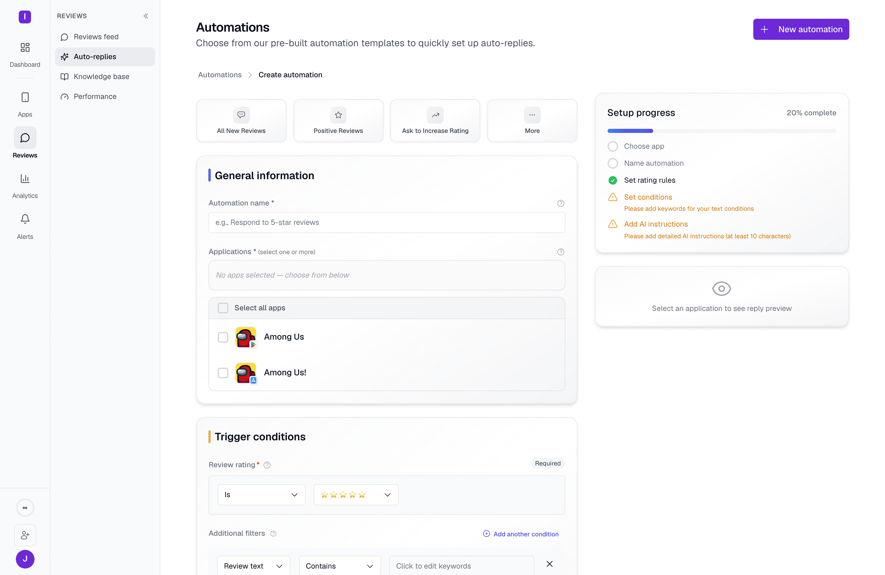 Automation rule builder: conditions on the left, AI instructions and a live review preview on the right