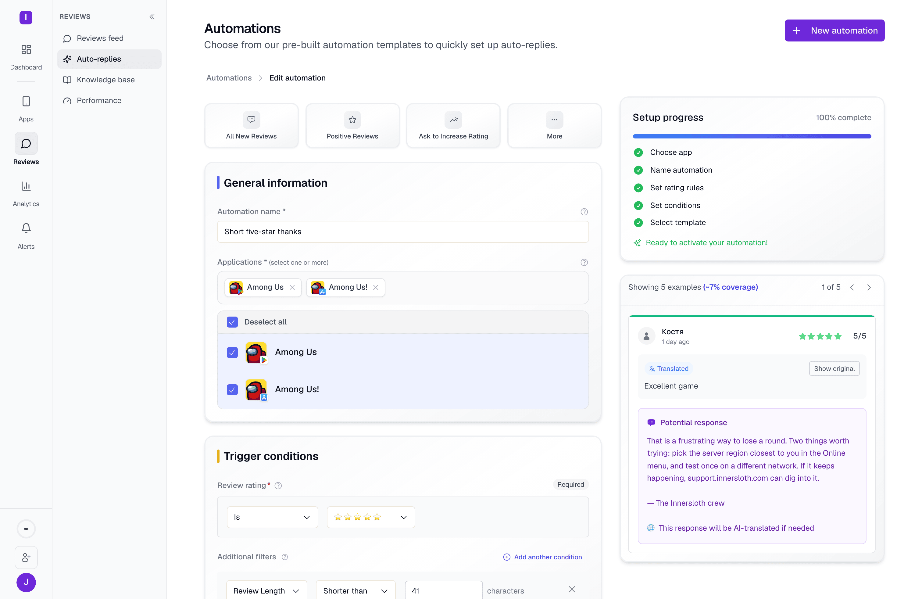 The rule builder's Trigger conditions panel: a Review rating condition set to "Is" five stars, and an Additional filters row for Review Length