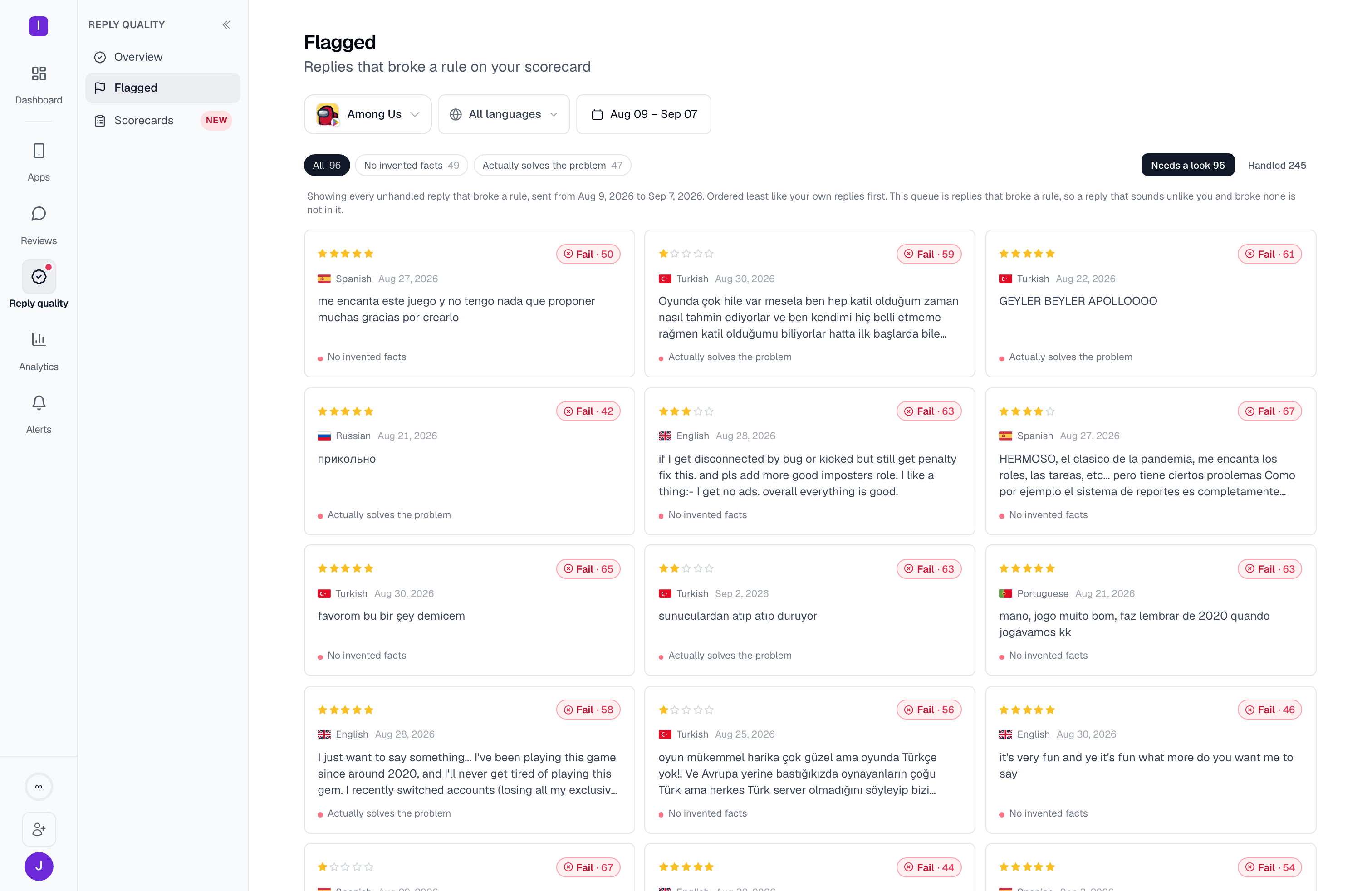 Voice match: a deviation chart per language against the app's own baseline, with a Voice match tile reading Sounds like you