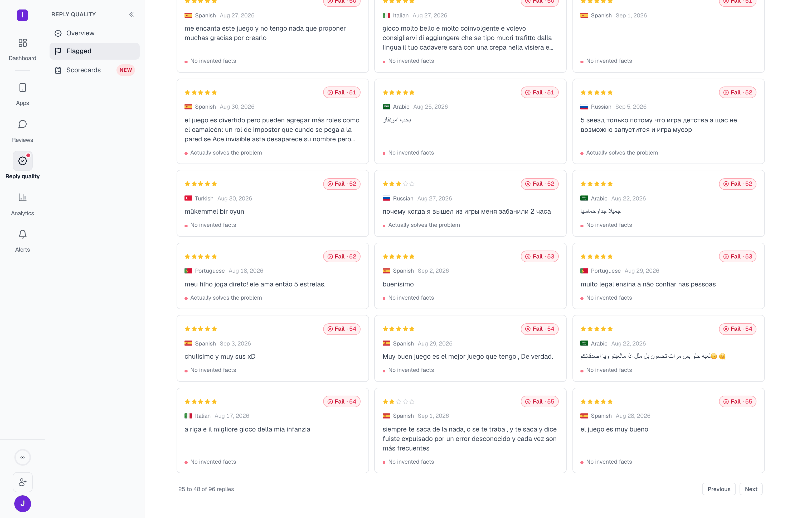 The Flagged queue's second page of results, 24 cards per page