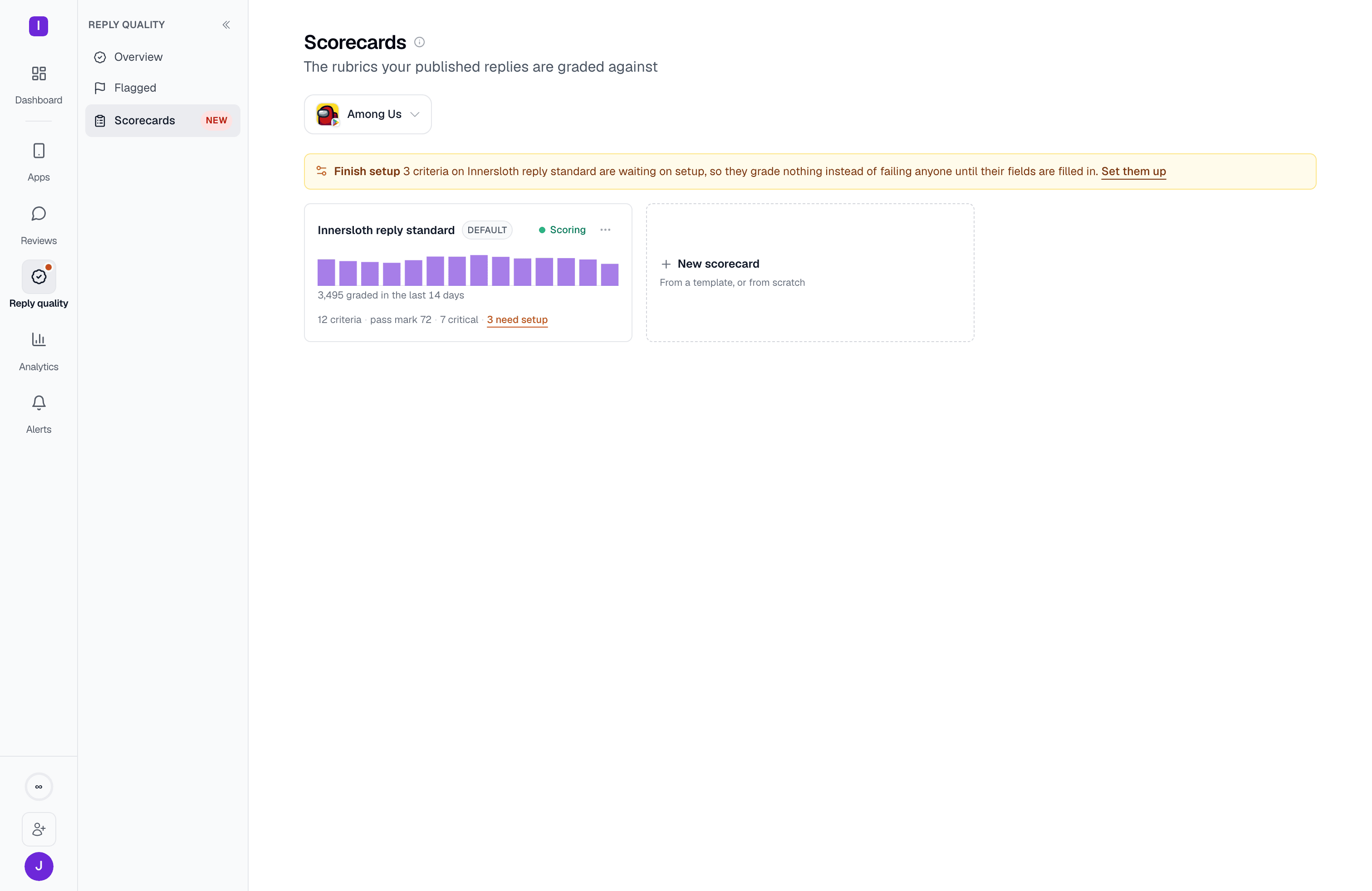 The scorecards list: a grid of scorecard cards, each with a scoring switch, an activity sparkline, and a footer line of facts