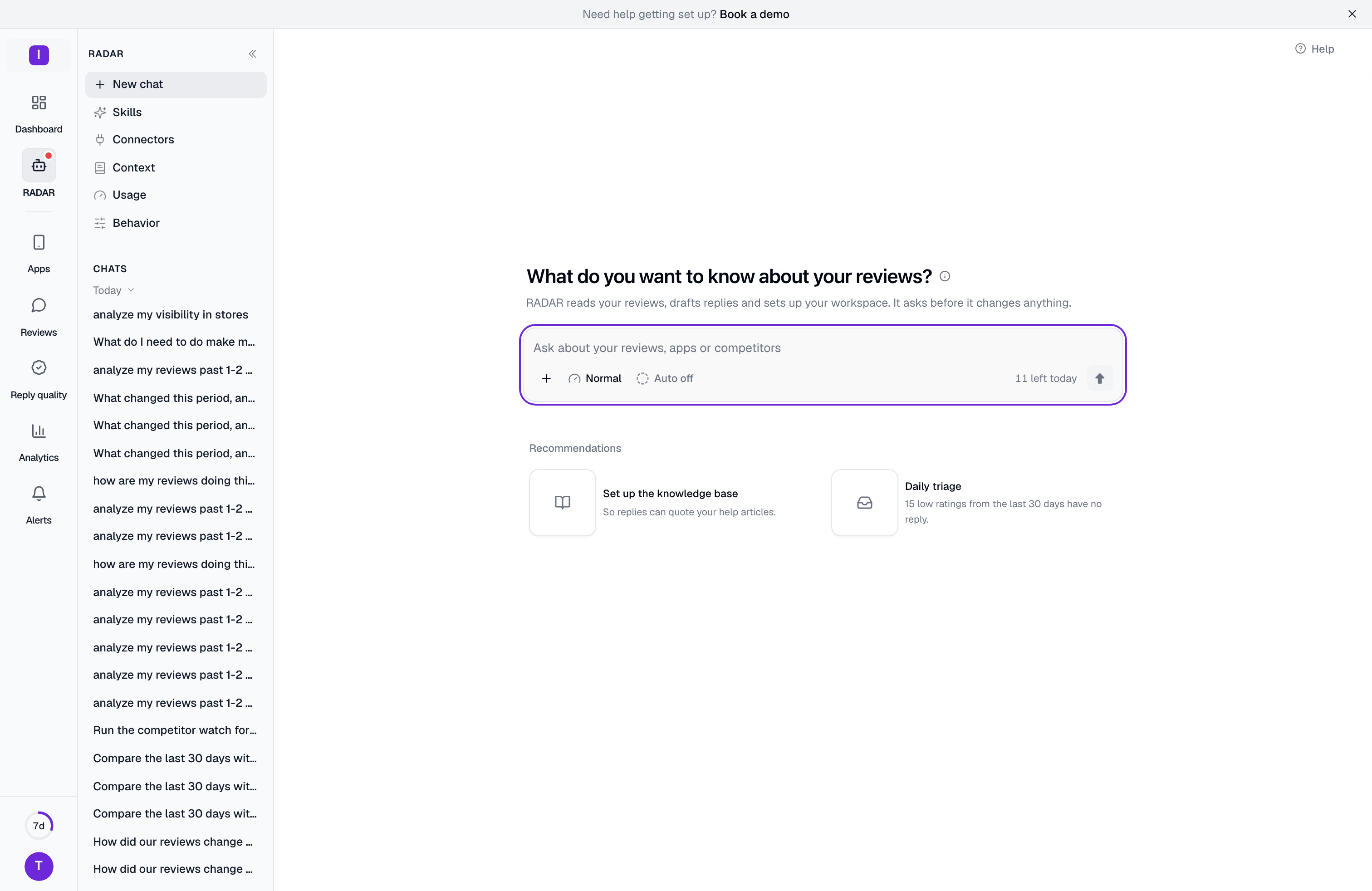 The new chat screen with the question, the message field with its Quality and Auto buttons, and the Recommendations cards below