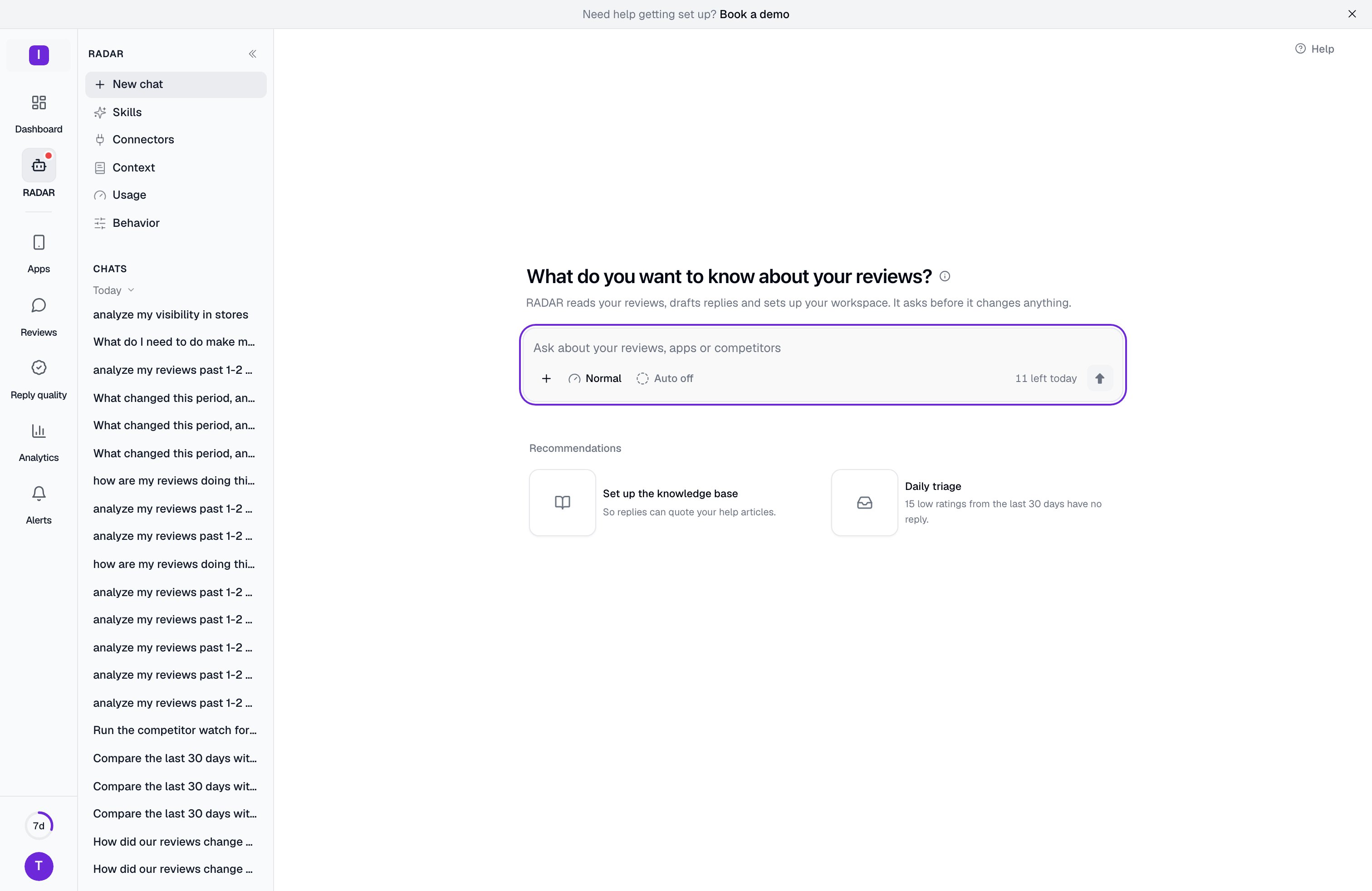 The new chat screen with the question, the message field with its Quality and Auto buttons, and the Recommendations cards below