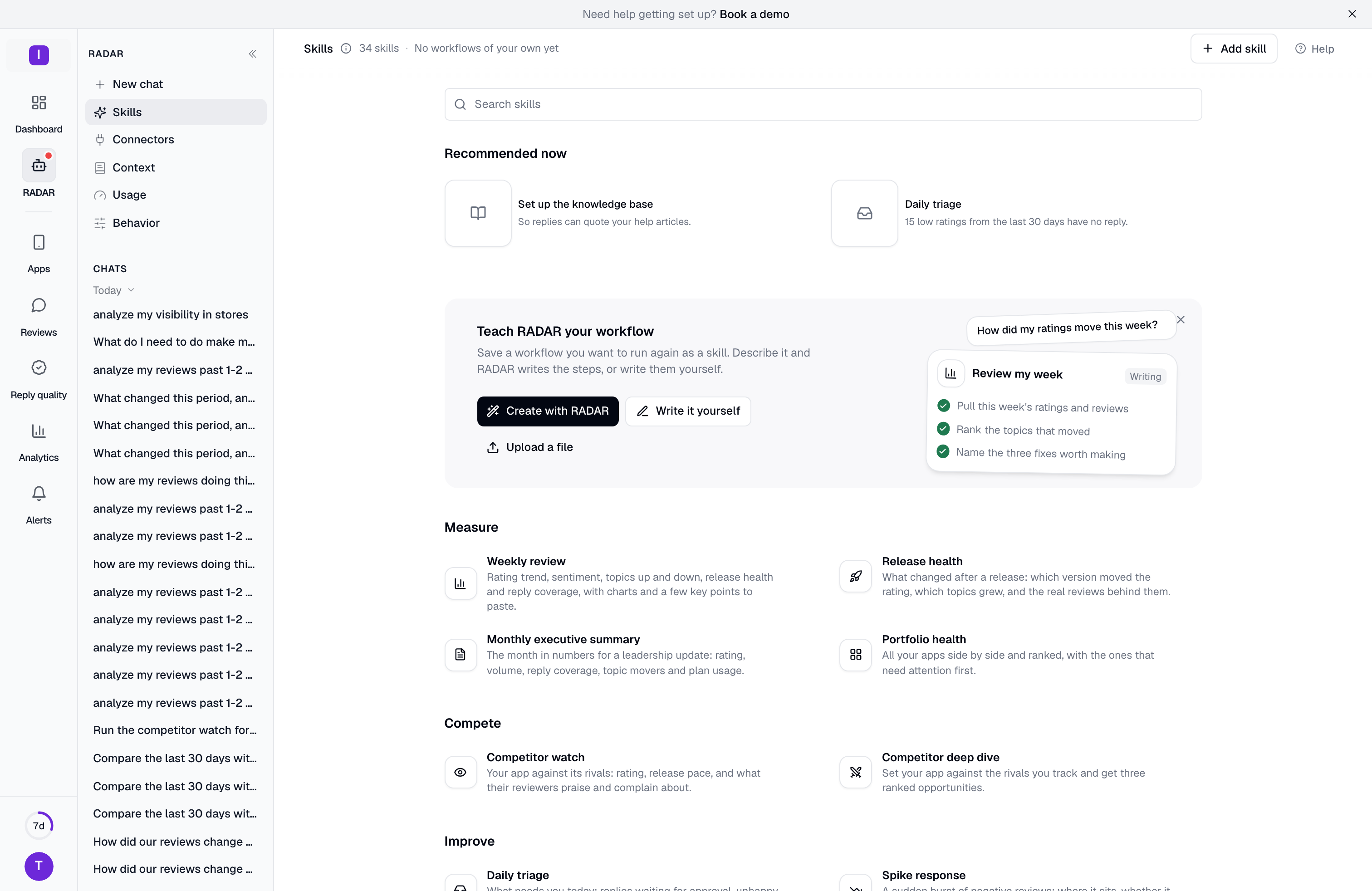The Skills page: a search field, two recommended skills, a banner for saving your own workflow, and skills grouped under Measure, Compete and Improve