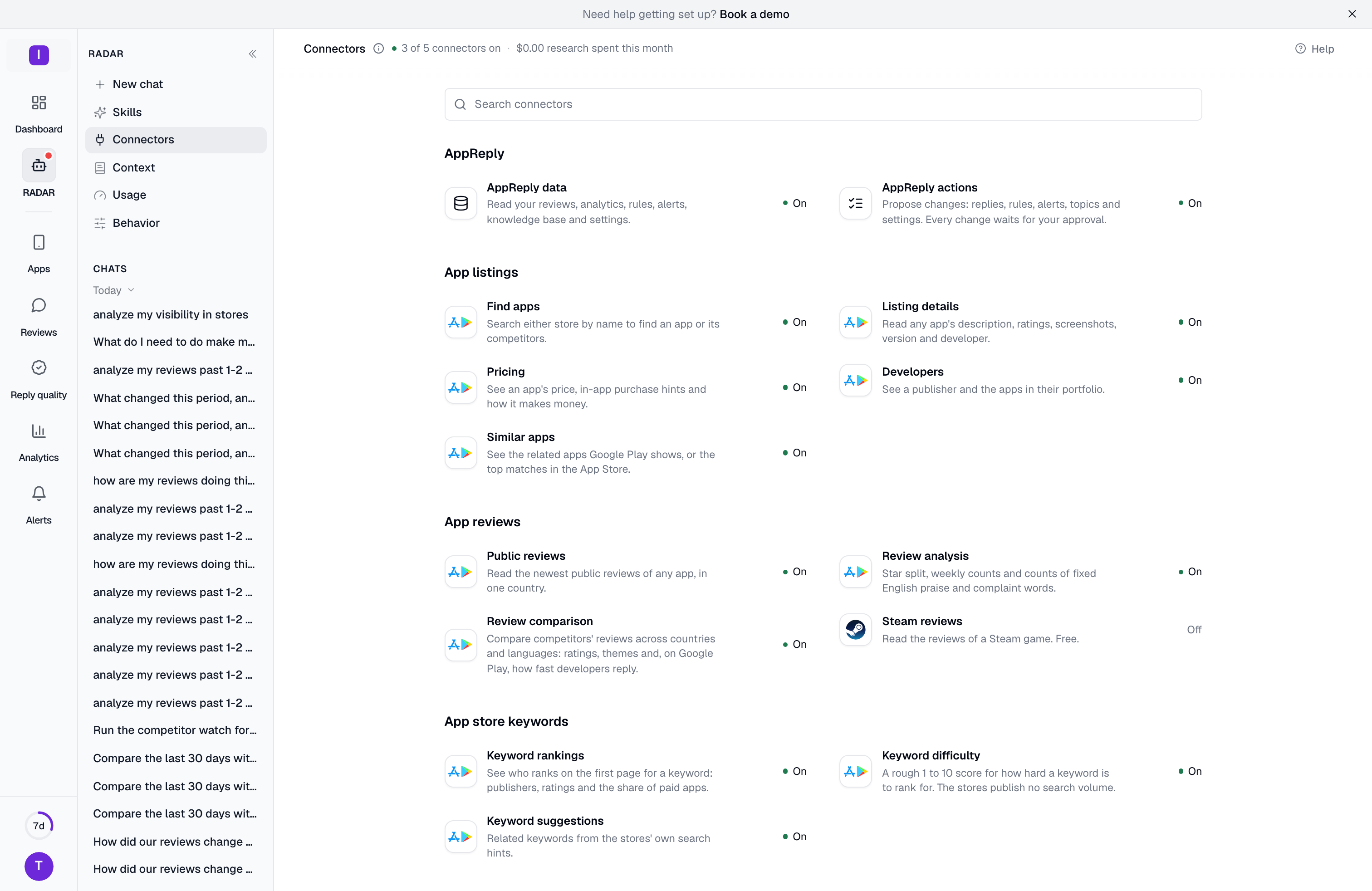 The Connectors page: rows grouped under AppReply, App listings, App reviews and App store keywords, each with its logo and an On or Off state