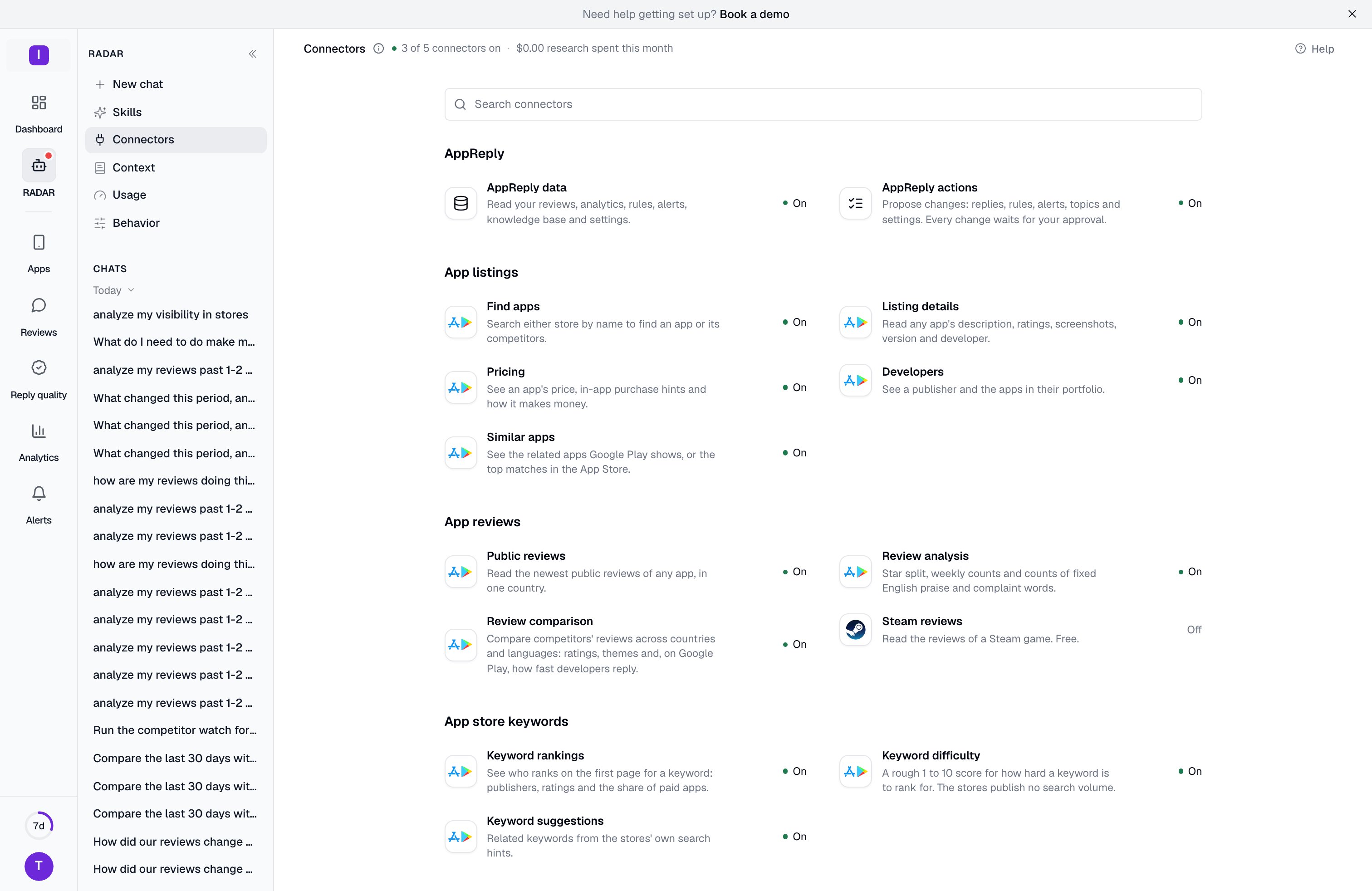 The Connectors page: rows grouped under AppReply, App listings, App reviews and App store keywords, each with its logo and an On or Off state