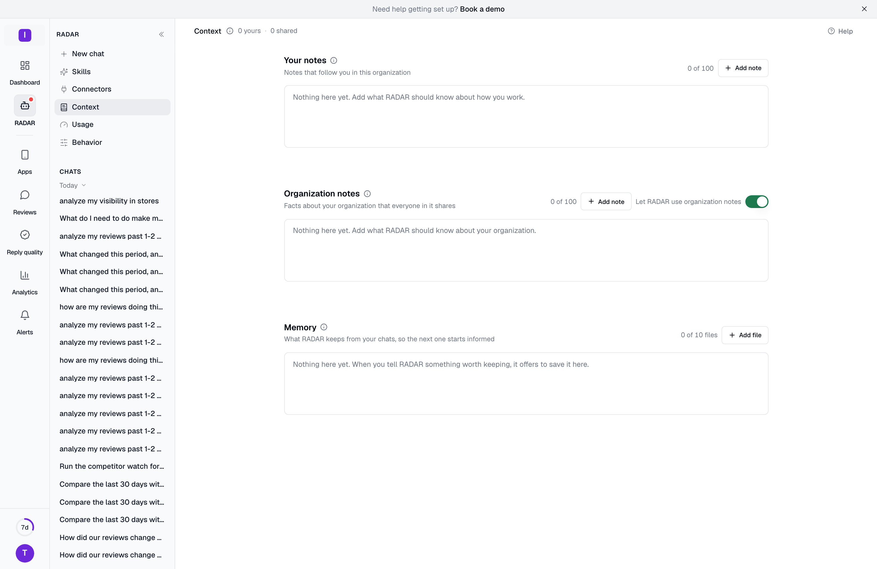 The Context page: your notes, the organization notes with their switch, and the memory files
