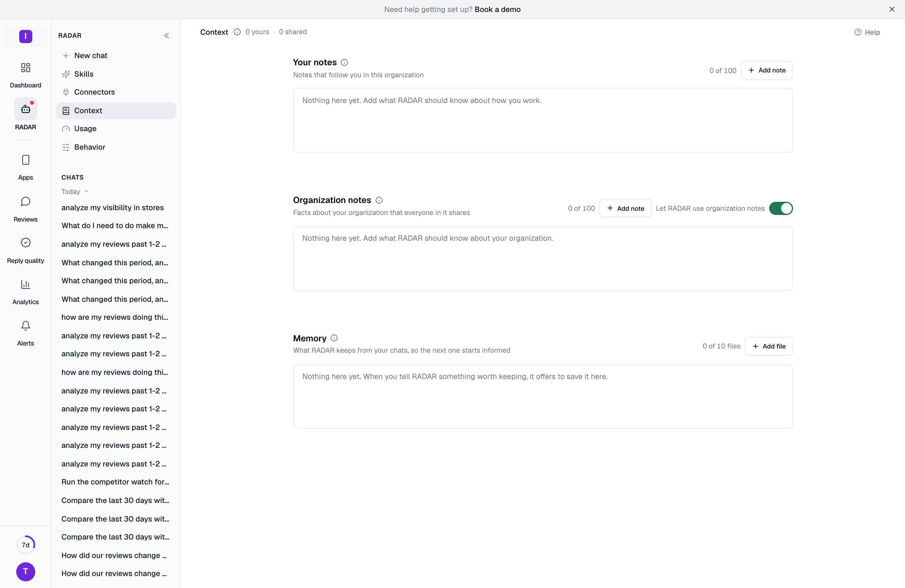 The Context page: your notes, the organization notes with their switch, and the memory files