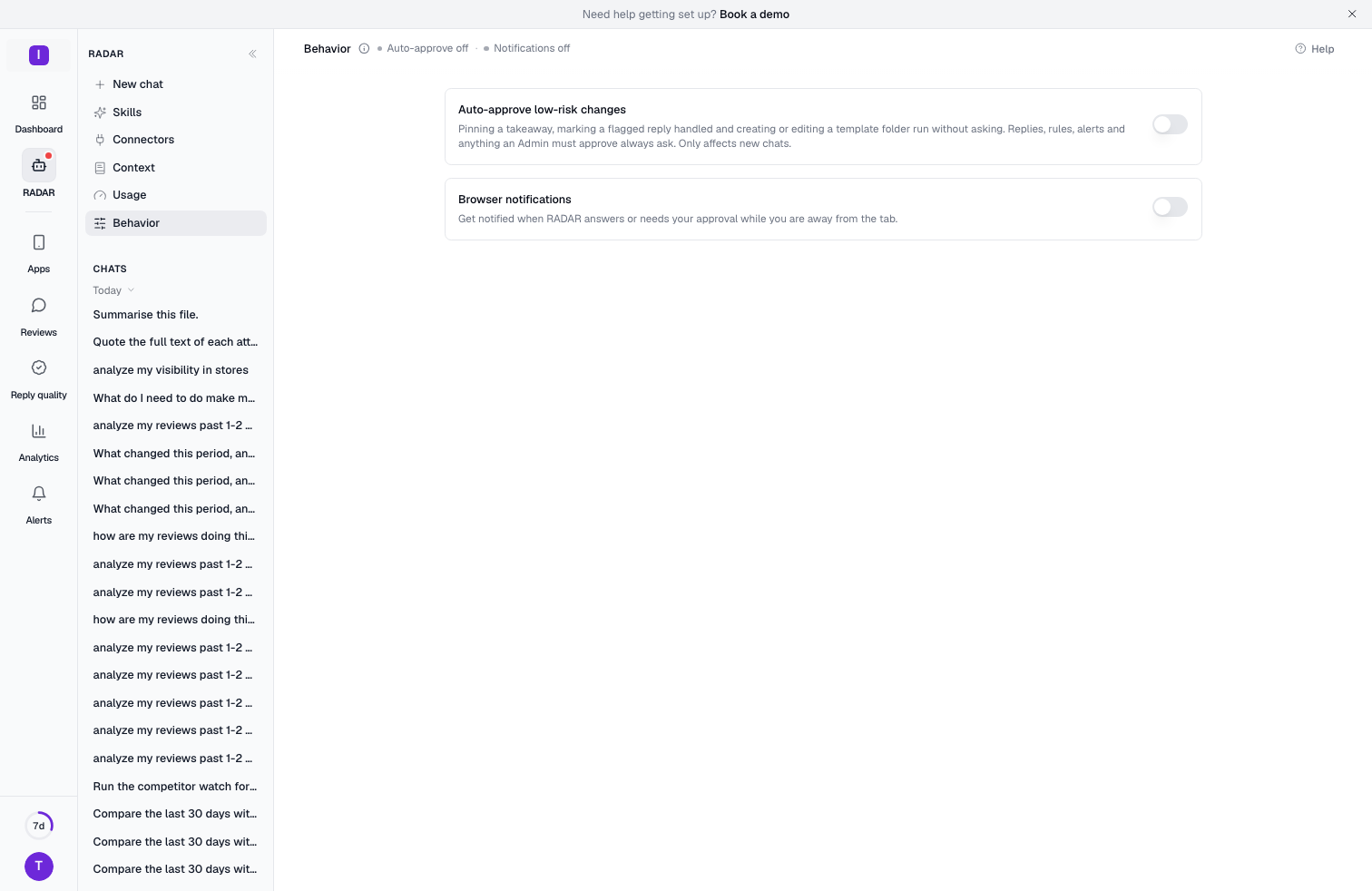 The Behavior page with the Auto-approve low-risk changes switch and the Browser notifications switch