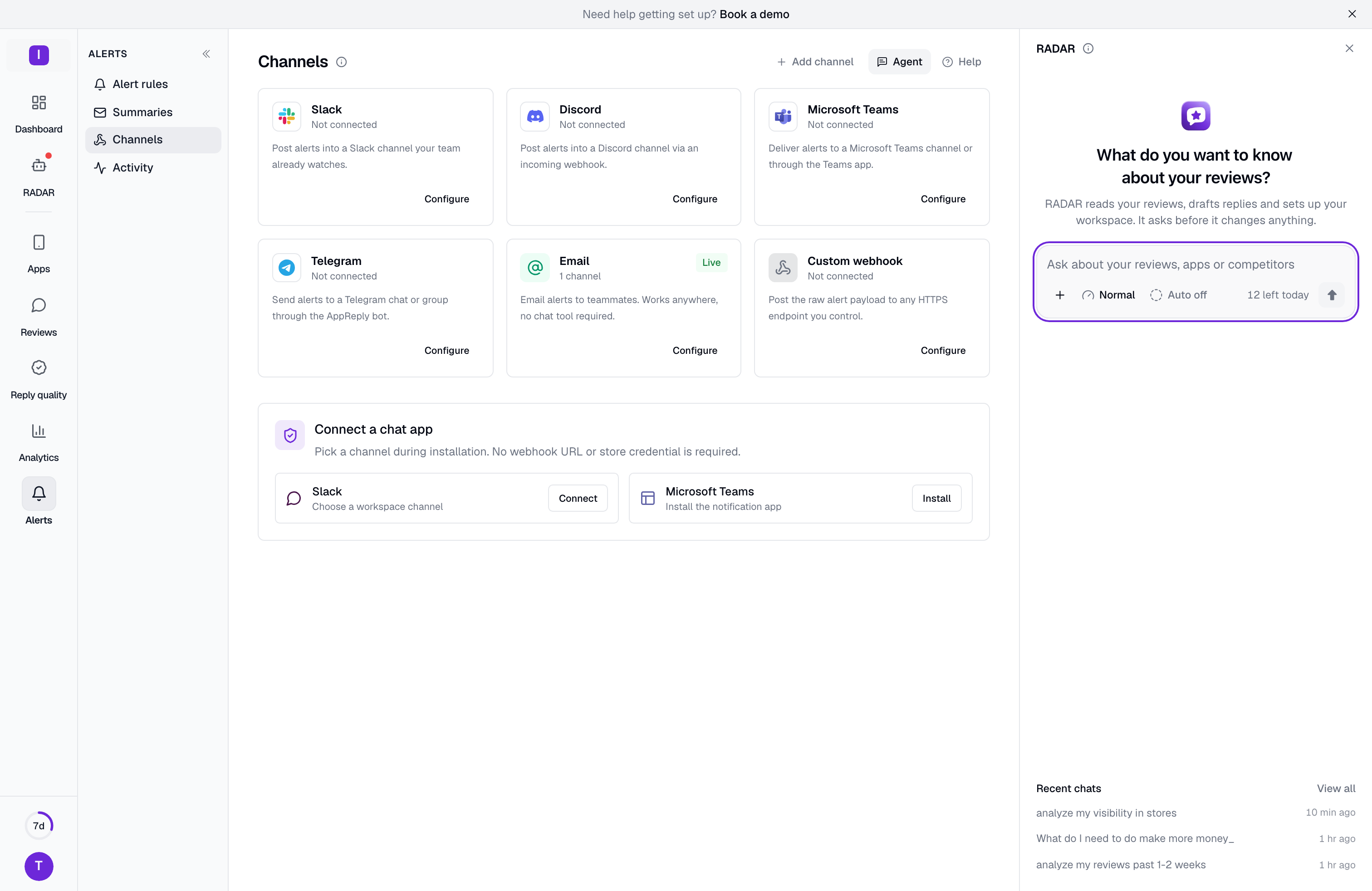 The RADAR chat open as a side panel beside a dashboard page, with the Agent and Help buttons in the page bar